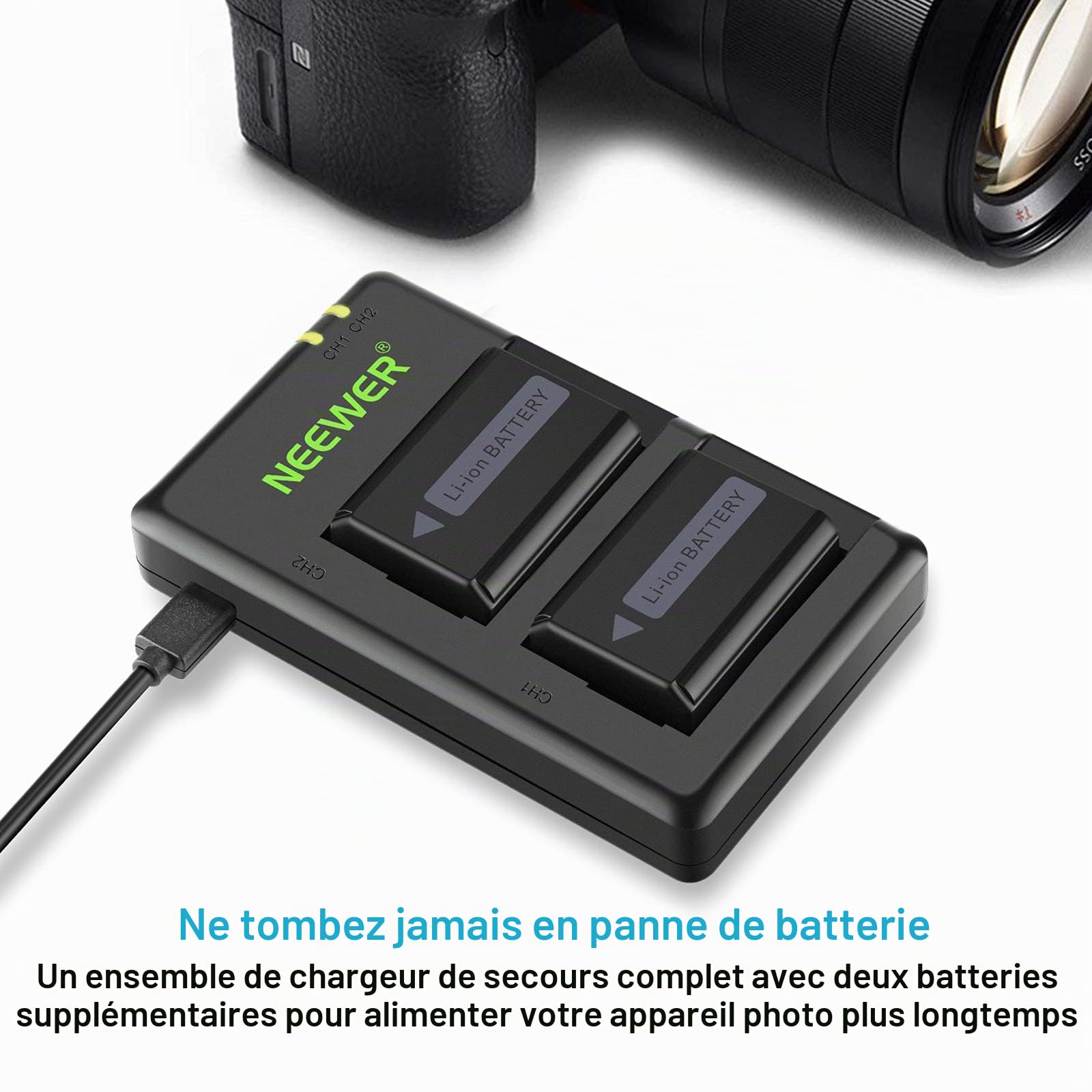 Neewer NP-FW50 Chargeur de Batterie pour Appareil Photo Compatible avec Sony A6000, A6500, A6300, A6400, A7, A7II, A7RII, A7SII, A7S, A7S2, A7R, A7R2, A55, etc. (2 Batteries, Micro USB Port, 1100mAh)