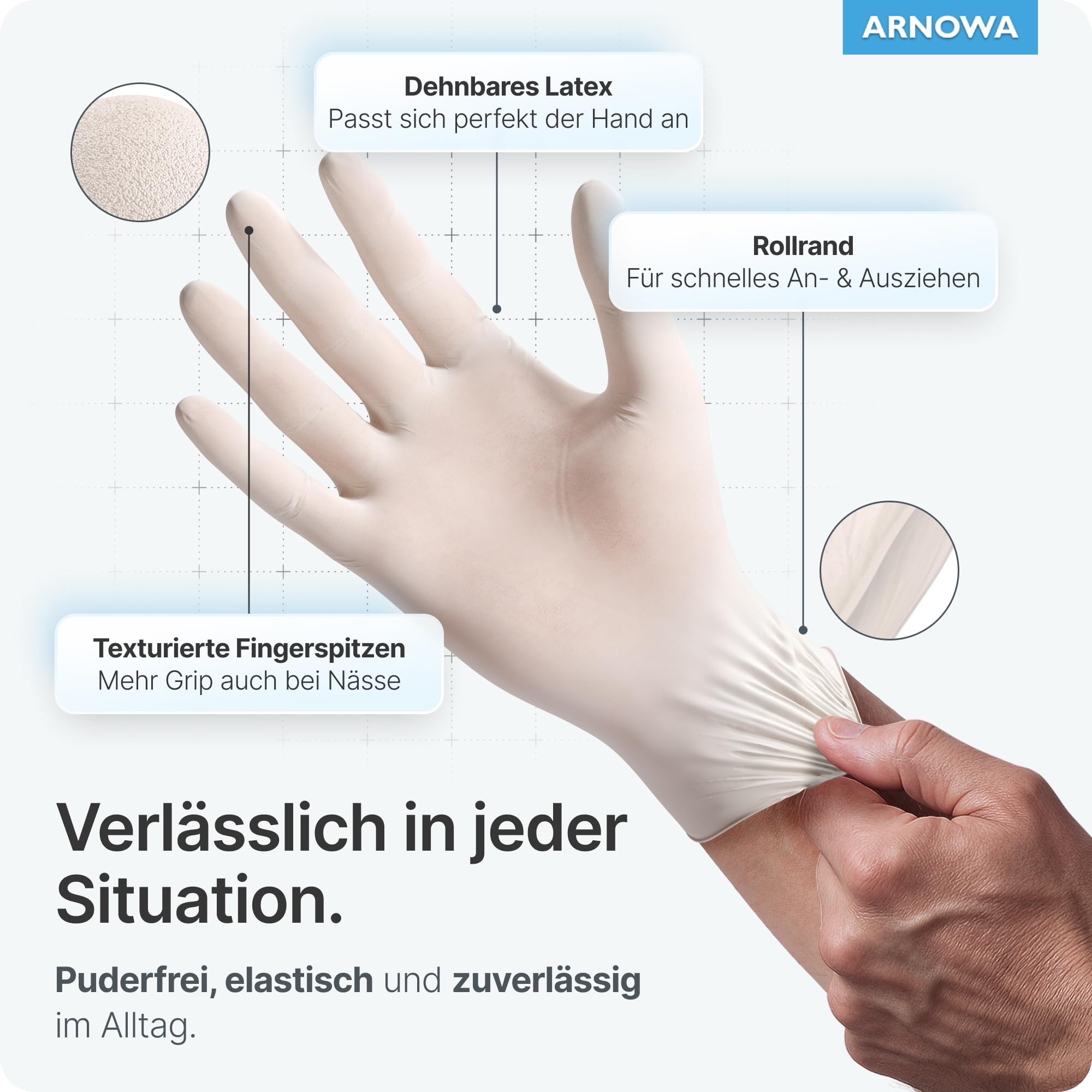 ARNOMED 100x Einweghandschuhe M, Latexhandschuhe Weiß (1x100 Stück), Einweghandschuhe puderfrei, Handschuhe Latex Einweg, Putzhandschuhe, Latex Handschuhe, Einmal-/Einweg-Handschuhe XS, S, M, L & XL