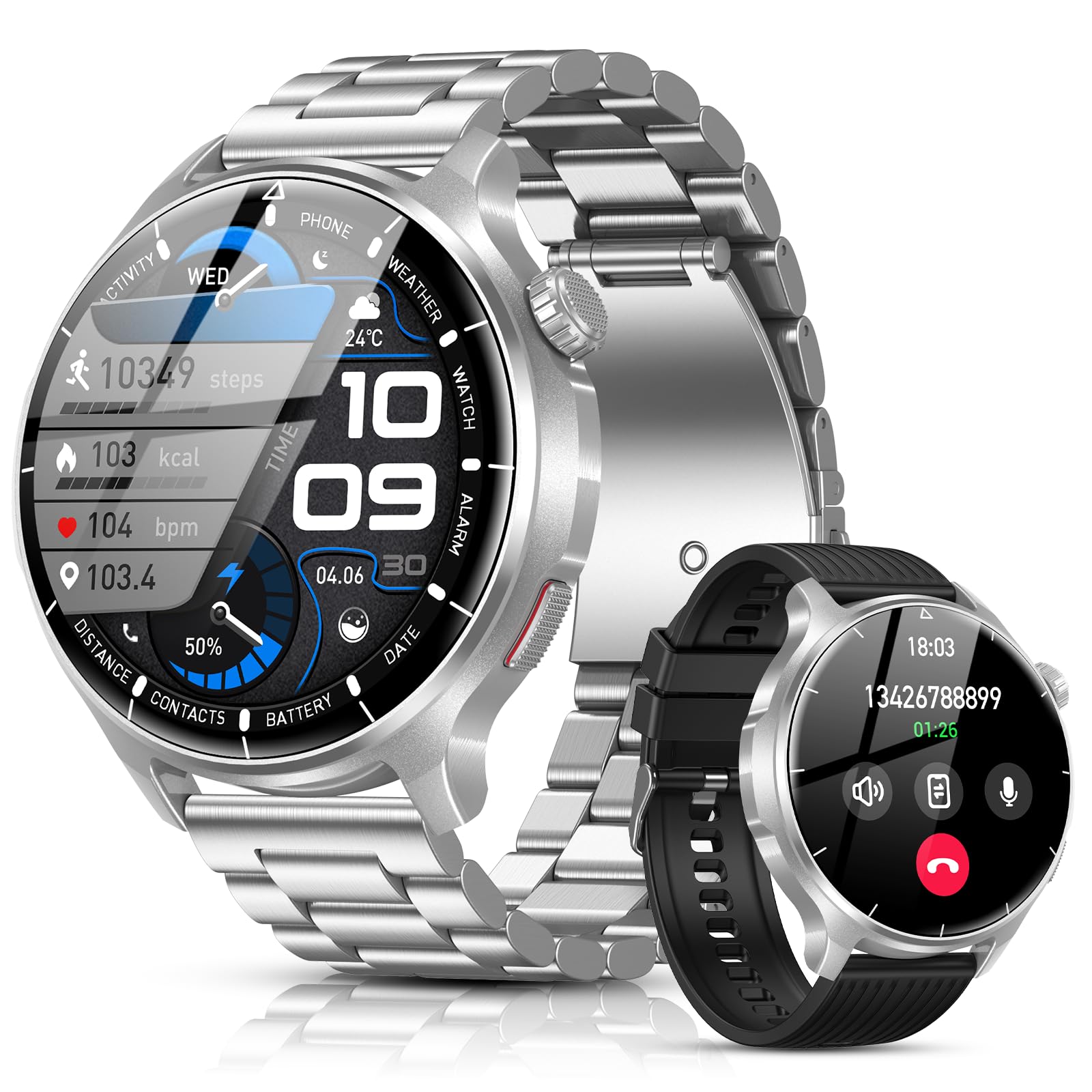 SLOKSFil Smartwatch Uomo con Chiamate Bluetooth, 1.52" HD Orologio Intelligente Fitness, con 1000 mAh 24/7 Cardiofrequenzimetro SpO2 Sonno 110+ Sport Impermeabile IP68, per Android iOS (Acc. Argent)