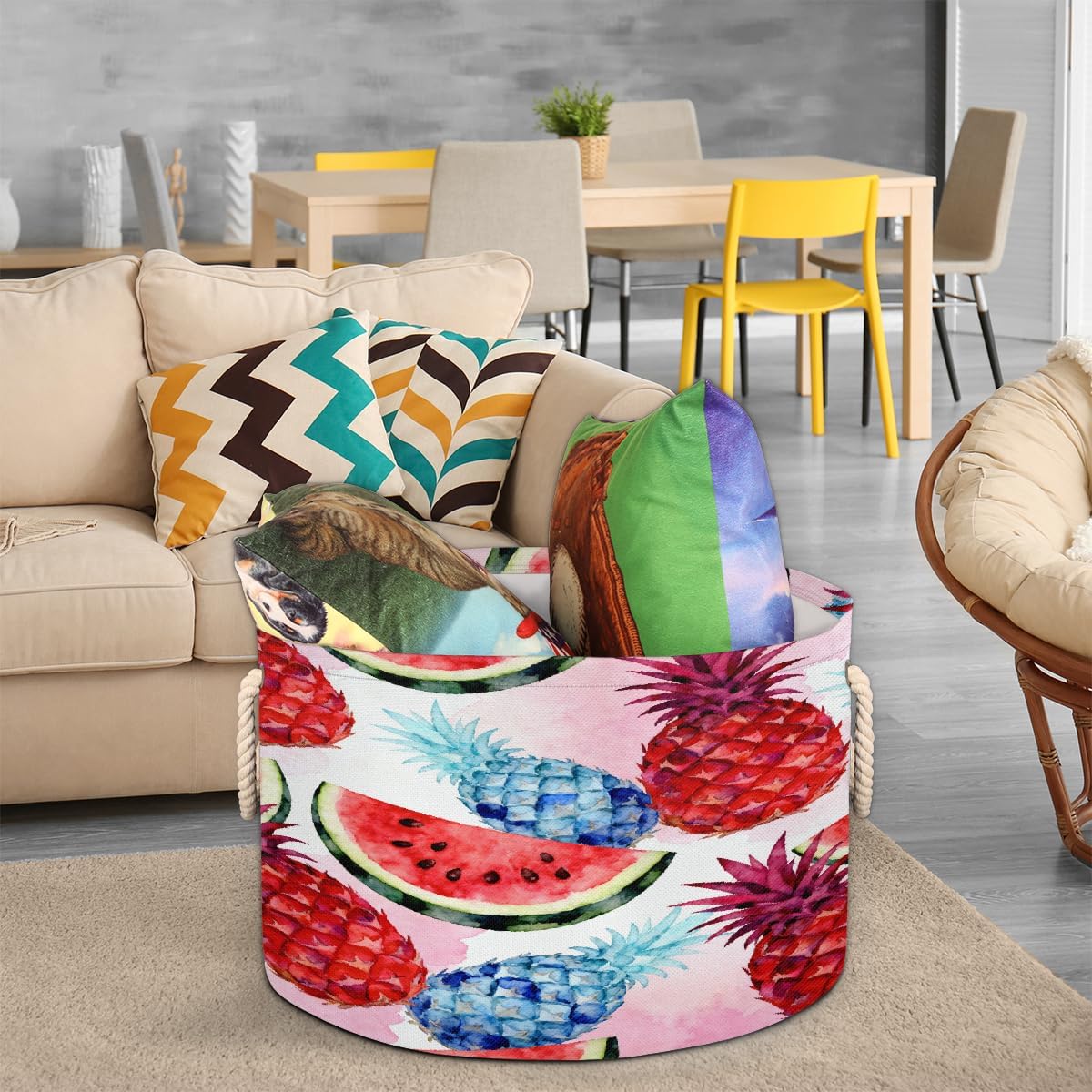 Large Storage Baskets - Pineapples Watermelon Nursery Round Collapsible Organizer Bin Box, Laundry Hamper for Kids Toys, Blanket, Bedroom Living Room Home Decor, Gift Basket, 19.4"x13.3"