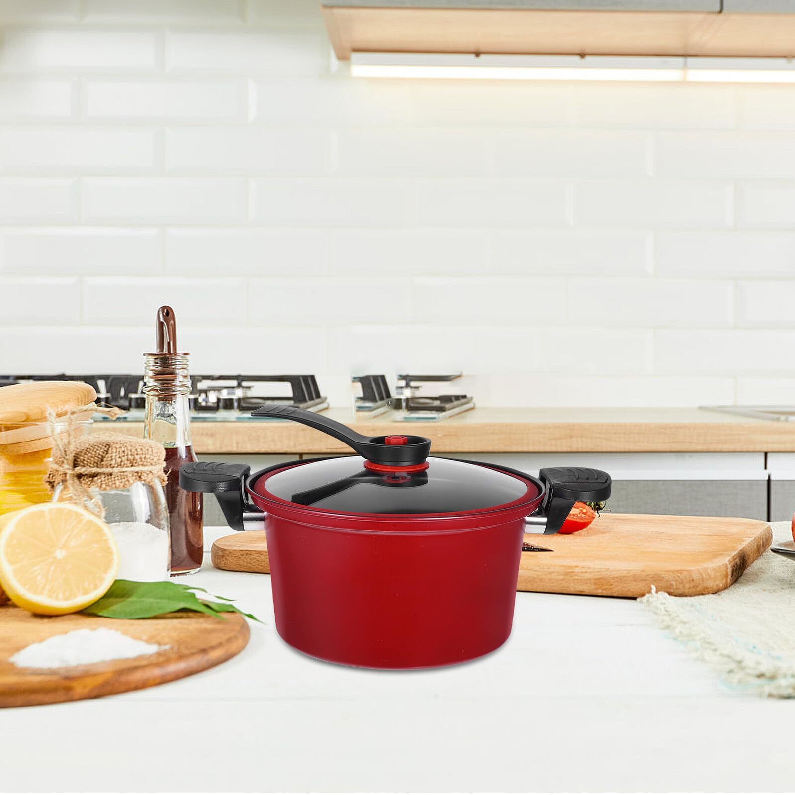 Olla de Presión Multifuncional Roja de Acero Inoxidable Tapa de Vidrio, Antiadherente y Fácil de Limpiar para Cocina de Inducción y Gas