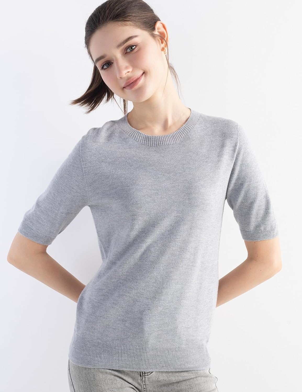 Women's Merino Wool Blend Sweater Fall Winter Crew Neck Short Sleeve First-Line Ready to Wear Seamless Knit Pullover - Image 5