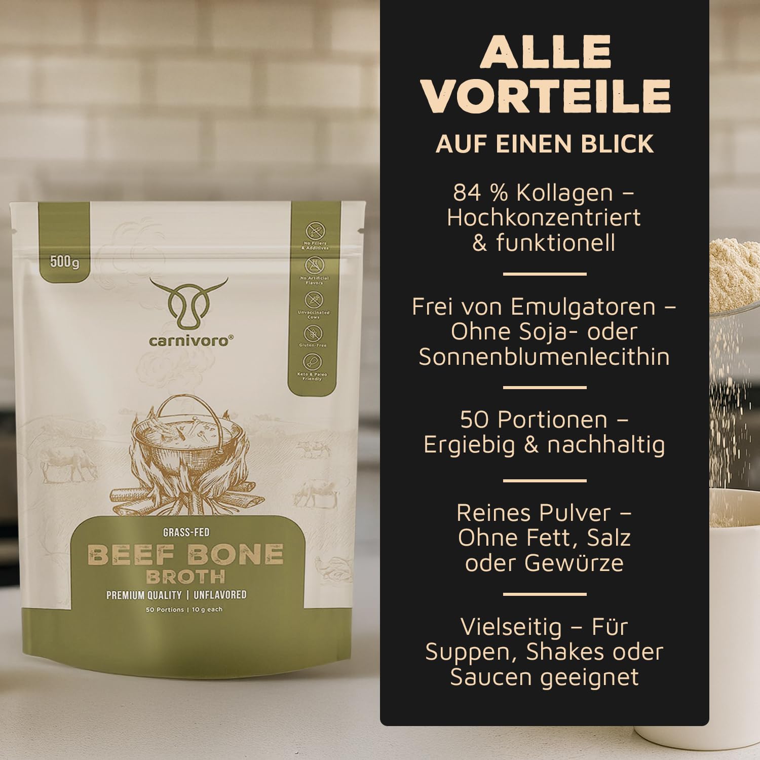 Carnivoro Knochenbrühe Pulver vom schwedischen Rind 500g 84% Beauty Kollagen Pulver