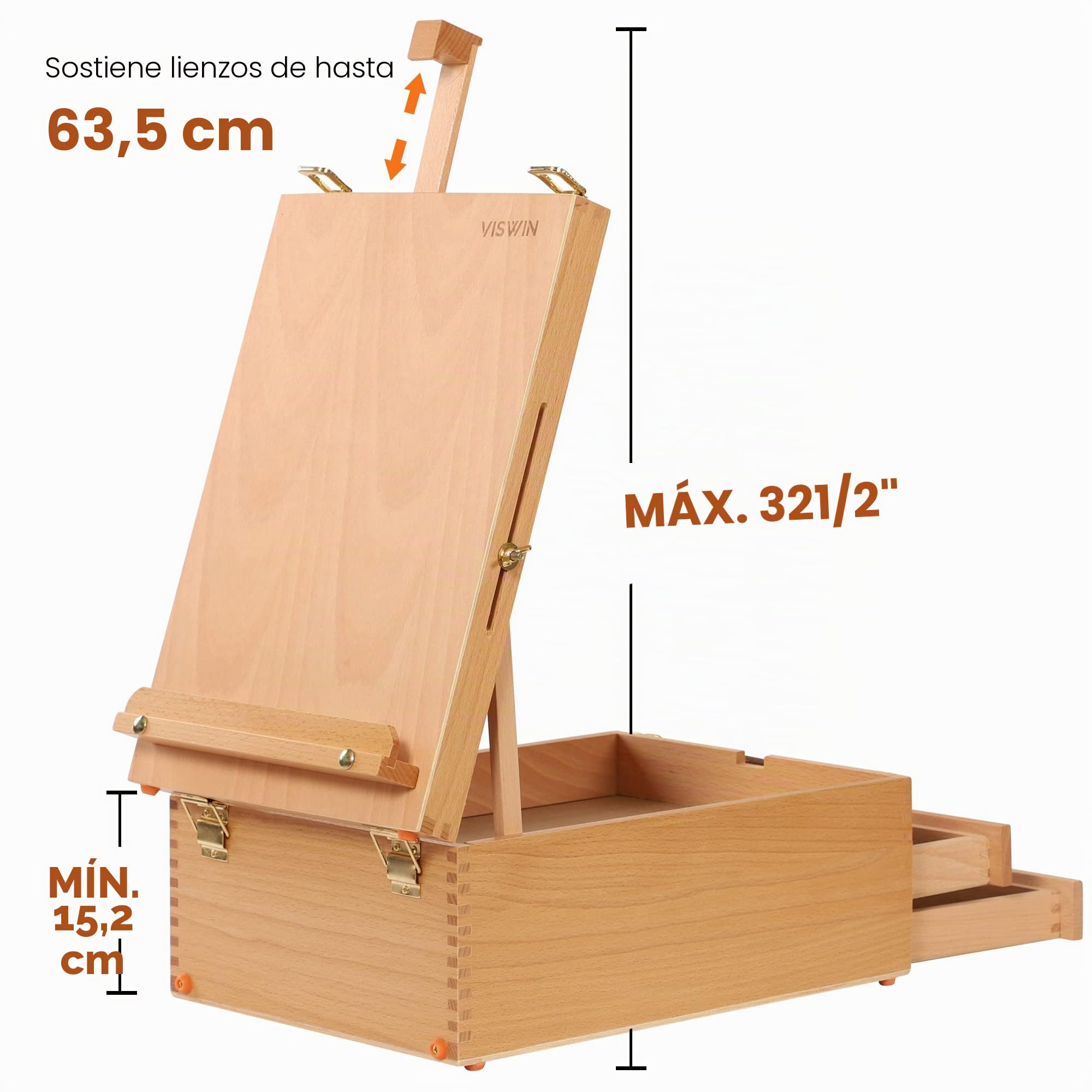 VISWIN Caballete de Mesa Grande con 3 Cajones, para Lienzos de Hasta 63,5 cm, Caballete de Madera de Haya Portátil para Pintar, Dibujar y Materiales de Arte, Adultos, Principiantes, Artistas