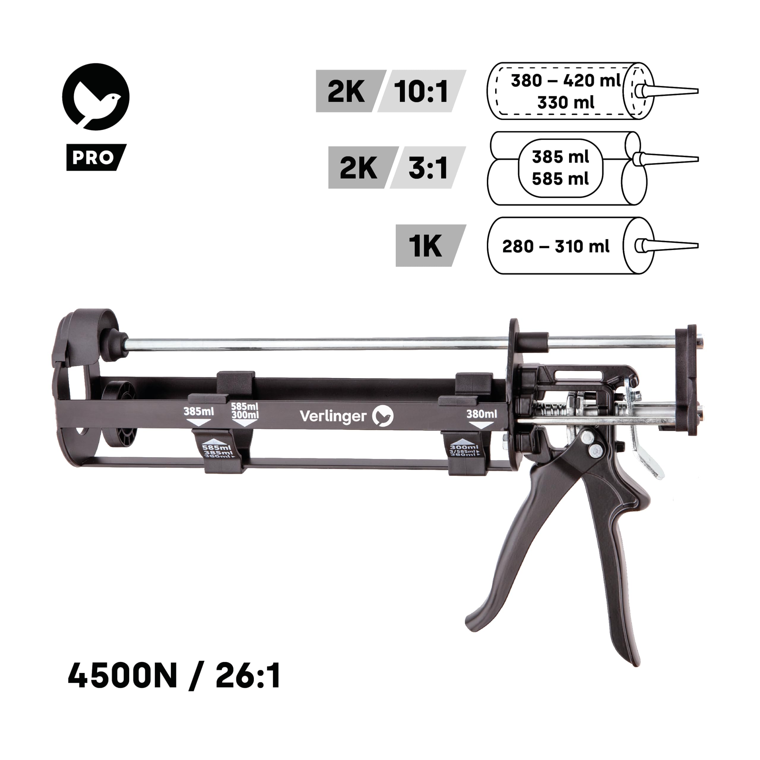 Kartuschenpresse 2K Für Epoxidkleber, Auspresspistole Für Chemischen Anker, Universell Kartuschenpistole Klebstoffe Silikon Acryl, Schubverhältnis 26:1, Kraft 4500N, Aluminium Schwarz Pro