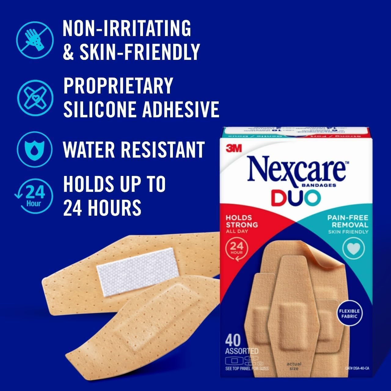 Nexcare Duo Bandages, Painless Removal, Strong Adhesive Bandages Stay on for 24 Hours, Flexible Fabric Construction - 100 Pack Assorted Sizes, 2-Pack