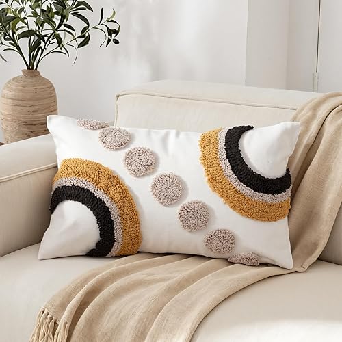 Funda de almohada lumbar bohemia abstracta copetuda de 12 x 20 pulgadas, decoración geométrica de arco iris, funda de cojín de lino, acento neutro,
