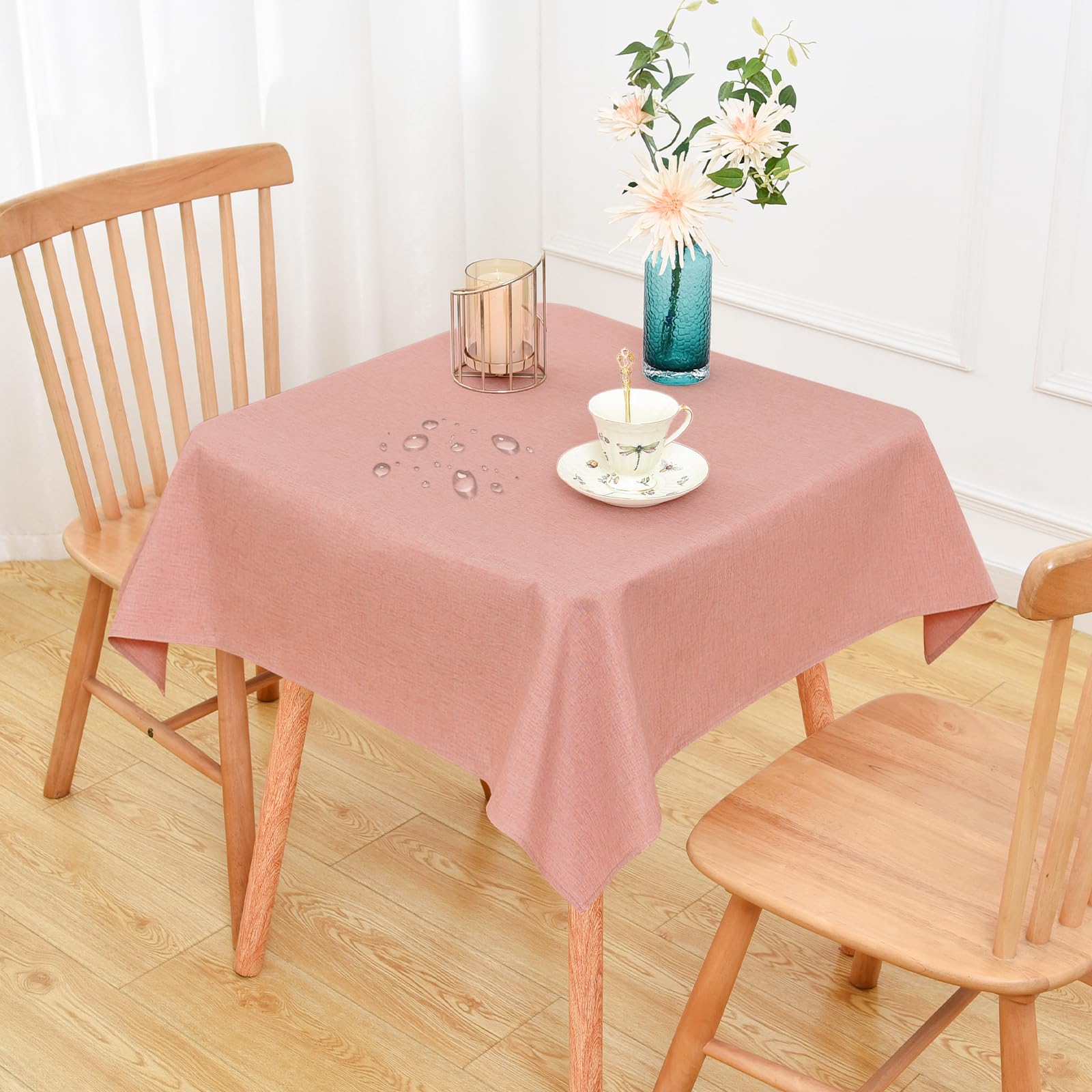 NEWISHER Farmhouse Water Resistant Square Tablecloth 107x107 cm (42x42 inch), Faux Linen Table Cloth Wipe Clean, Washable Table Cover for Kitchen Dining, Party, Banquet Indoor Outdoor (Pink)