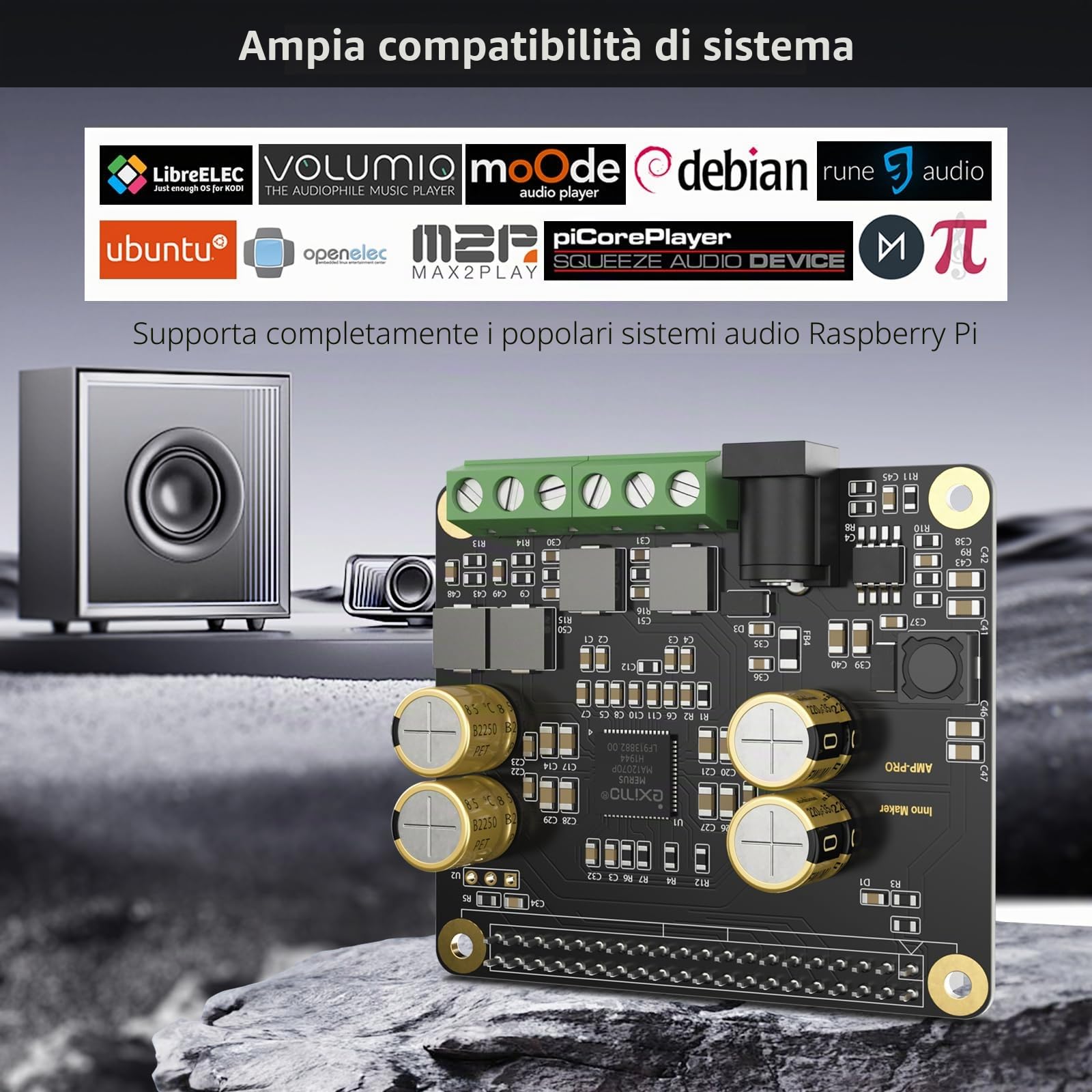 InnoMaker Amplificatore Audio 2x80W Uscita di Picco Classe D HiFi AMP Pro Hat, con MA12070P 192 kHz/24 bit, supporta Volumio, MoOde, Raspbian, LibreELEC per Raspberry Pi 5 4 3B+ Pi Zero