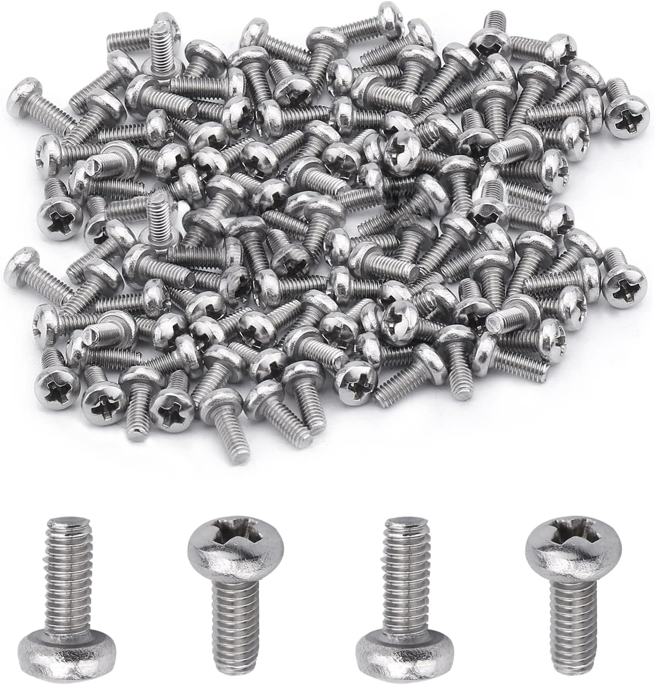 MroMax 100Pcs M2.5 x 6mm Pan Head Phillips Machine Screws, 304 Stainless Steel 18-8, Fully Thread, Metric Silver Gray Cross Head Screws Bolts for Computers, Camera and Other Small Electronic Devices