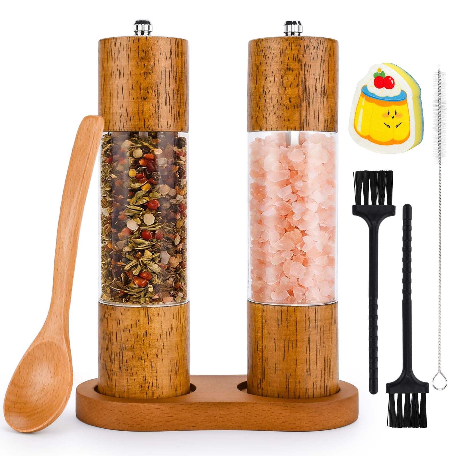 Macina Pepe,Macina Sale Pepe,Set Macina Sale e Pepe in Legno,Ceramico Regolabile Macinapepe,Macinino per Pepe con Trasparenti Finestra in Acrilico,per Cumino Erba Sesamo,Spezie, Finocchi