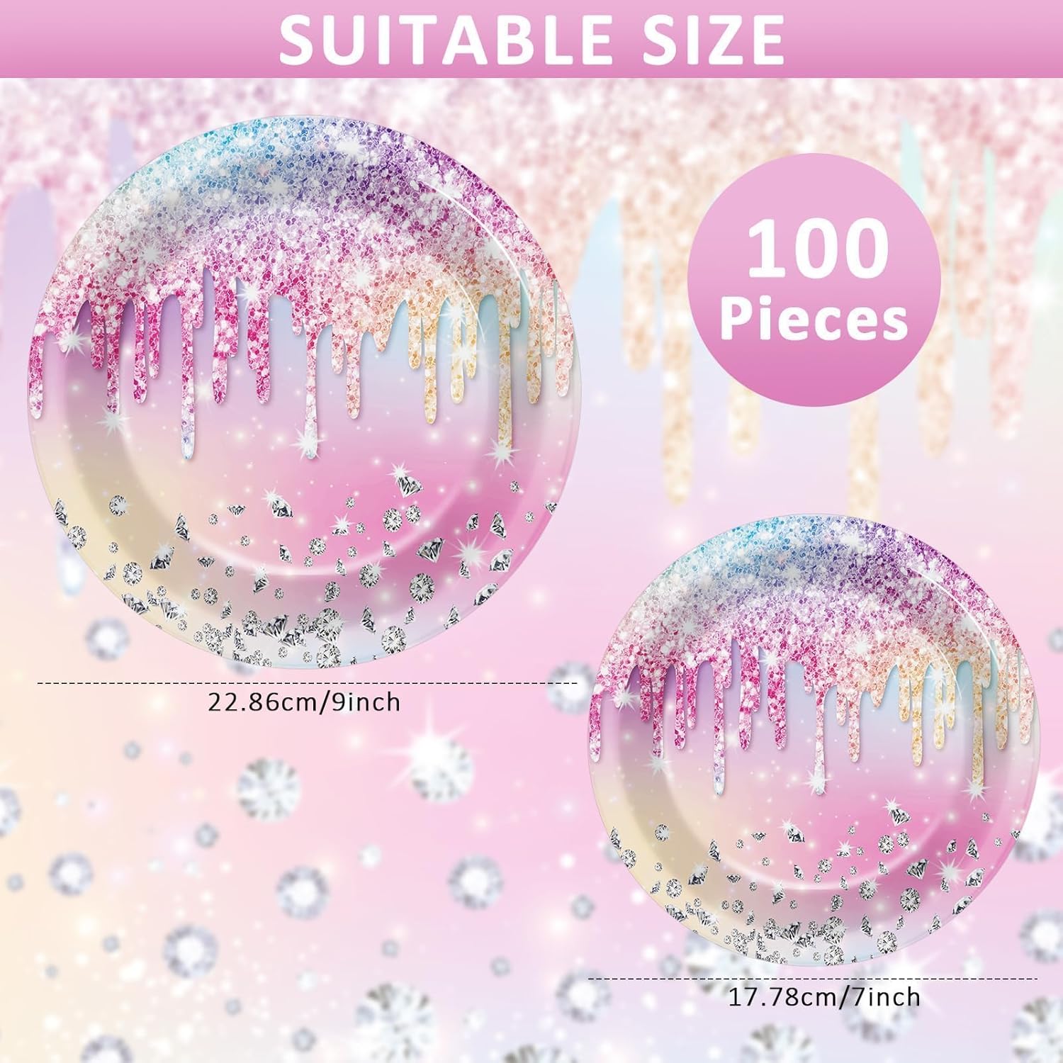 CHUNNIN 100 Pcs Iridescent Diamond Glitter Party Plates - Disposable Dessert Plates for Girls Birthday Party Decor and Supplies - Image 2