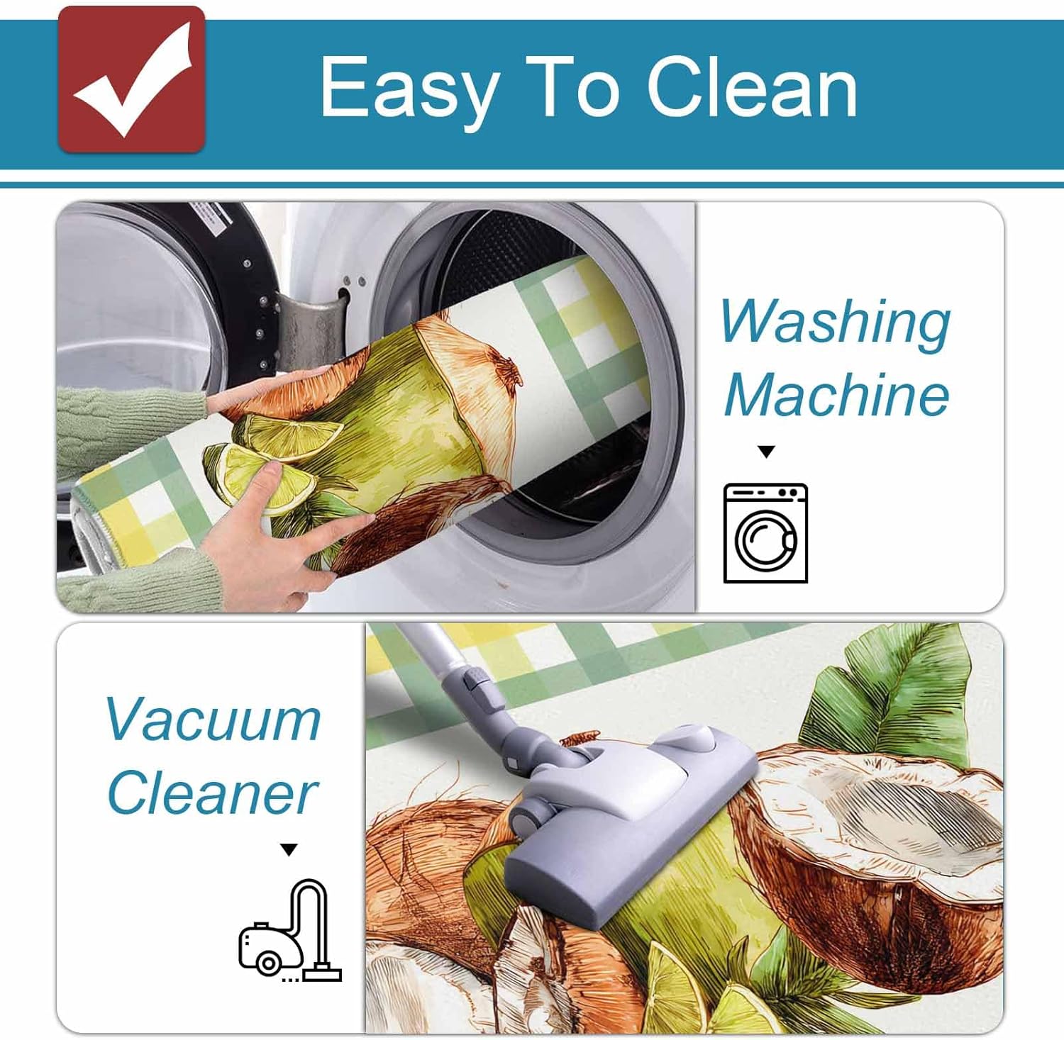 Prime Leader Summer Pastoral Kitchen Mat Set 2 Pieces Tropical Coconut Lemon Yellow Green Plaid Non Slip Kitchen Rugs Washable Runner Rug Mats for Sink Laundry (19.7" x 31.5"+19.7" x 63")