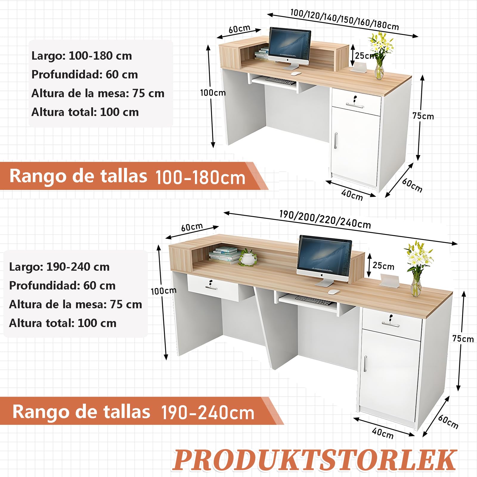 Mostrador Recepción Moderno en MDF, 100 a 240 cm Mueble de Oficina con Cajón y Estantes Abiertos, Ideal para Tiendas, Salones, Consultorios y Recepciones