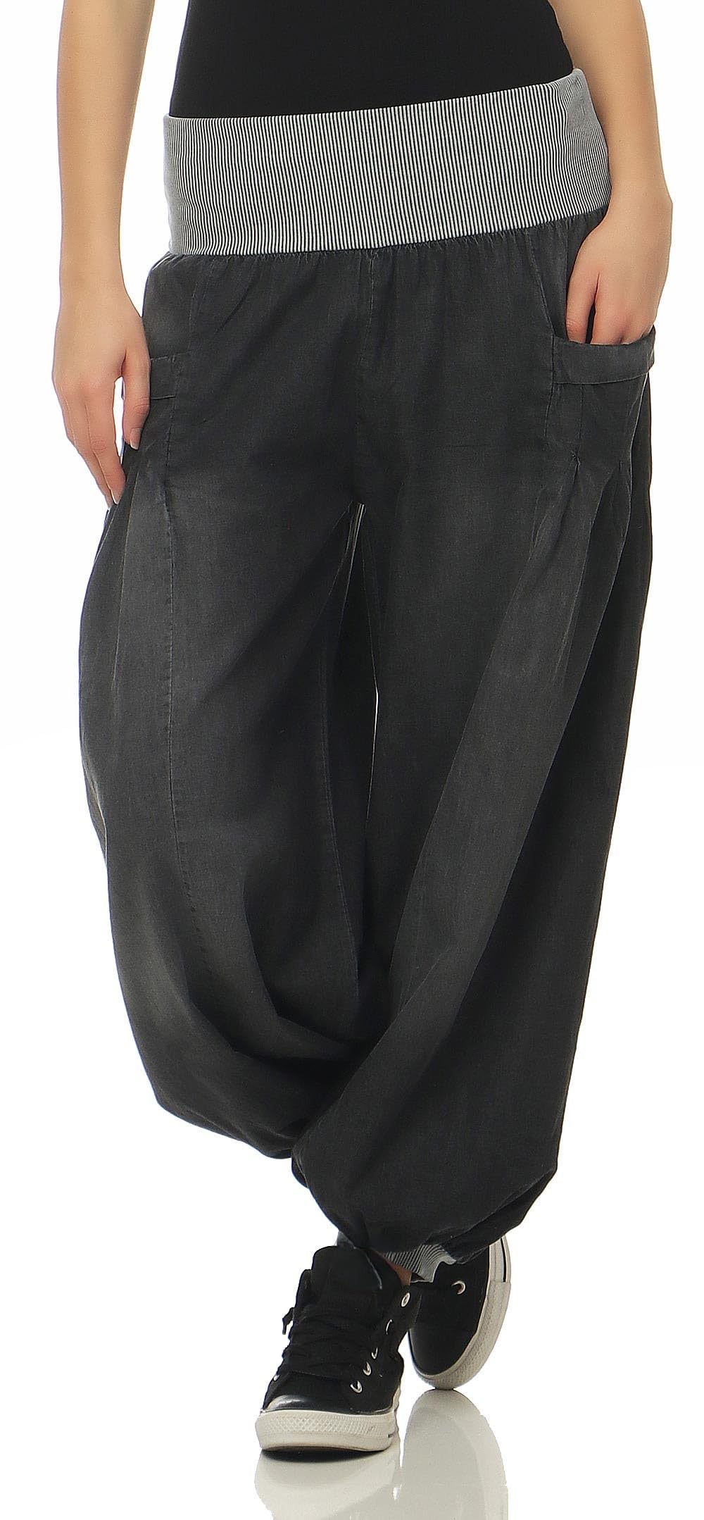 Malito – Damen Haremshose im Denim Style – Unisize Pumphose aus 100% Baumwolle – perfekte Jeans zum Tanzen & Chillen – Bequeme Pluderhose mit Taschen – Aladinhose für Frauen 6258 (34-40)