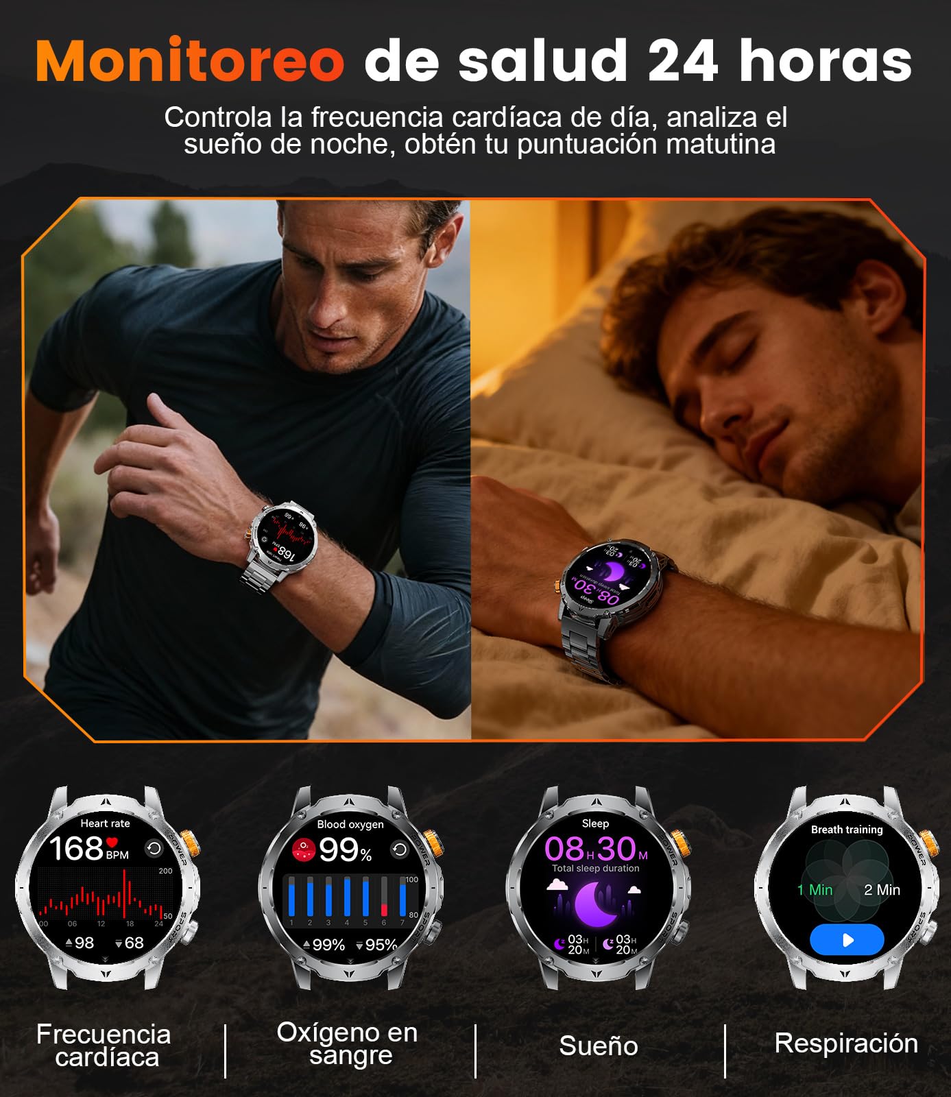 Reloj Inteligente Hombre Militar 1000mAh, Smartwatch 1,7'' con Linterna LED y Llamadas Bluetooth, 110+ Modos Deportivos, IP68, Frecuencia Cardíaca 24H, Android/iOS, 3 Pulseras + 2 Cargadores, EF24-B