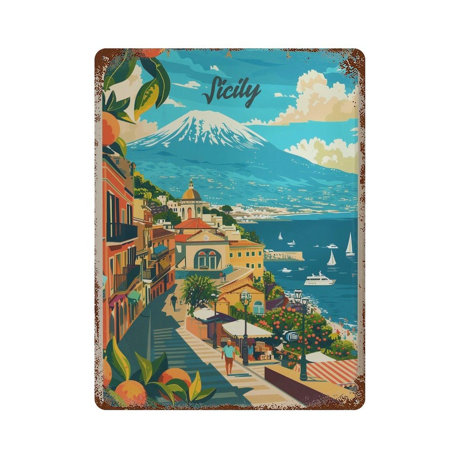 xiaoxiaoshen Sicily Travel Mount Etna & Taormina Wall Decor Art Metal Tin Poster Modern Home Decor Art Home Bar Shop Decorations Vintage Sign 40x30cm