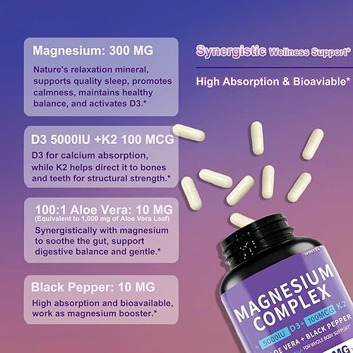 Miniatura 4 de Suplemento Complejo de Magnesio 1310mg - Glicinato de magnesio quelado, malato y citrato con aloe vera, vitamina D3 y K2, pimienta negra - Alivio