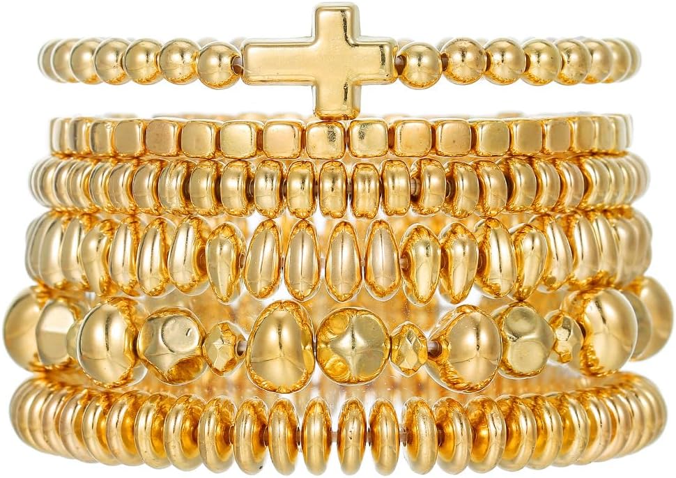 Rrdaily Gold Bracelets for Women, 14k Gold Plated Beaded Bracelets Charm Cross Bracelets Stackable Adjustable Stretch Bracelets Jewelry Gifts - Image 7