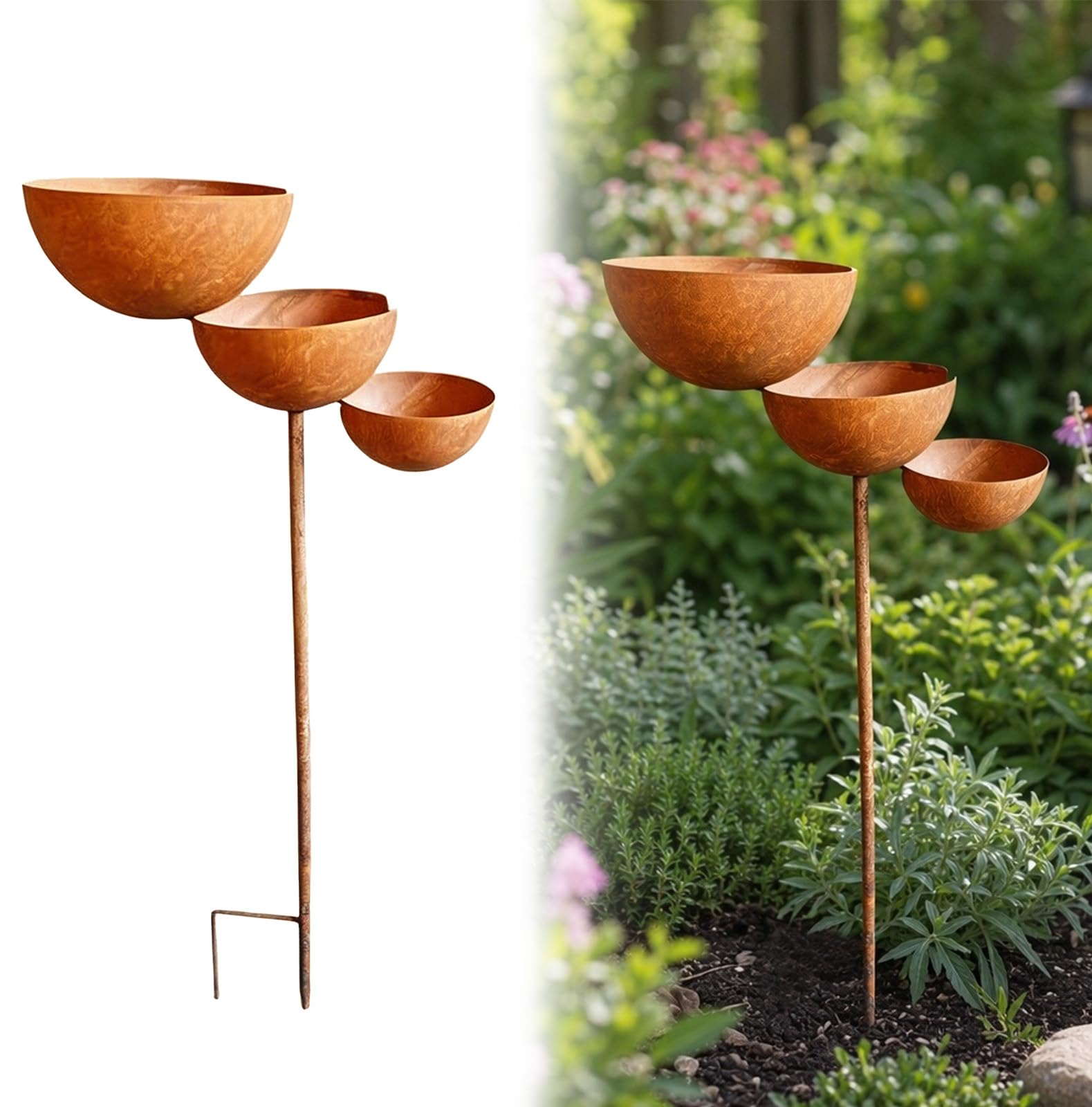3-Tier Cascading Bronze Rain Catcher Garden Stake, Metal Garden Rain Catcher with Water Bowl, Bird Bath & Bee Watering Station, Decorative Rainwater Collector for Outdoor Yard Art Decor