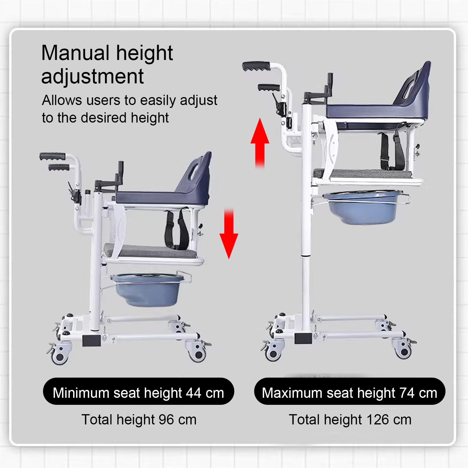 Manueller Patientenlifter mit 180° Geteilter Sitzfläche, Patient Höhenverstellbare Transportrollstuhl für Zuhause, Wohnzimmer, Schlafzimmer, Esszimmer und Badezimmer