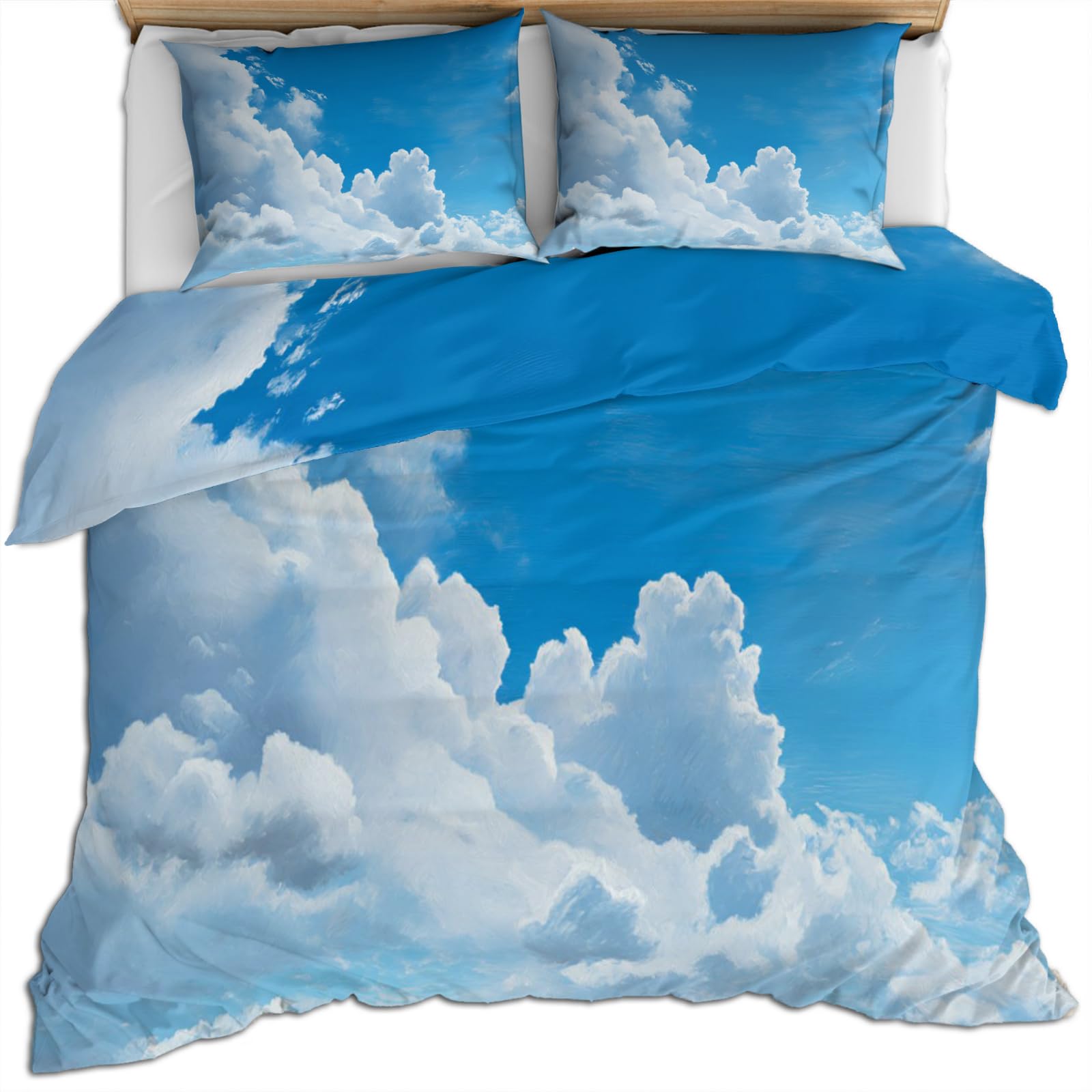 XEODIAT Blue Sky and White Clouds Bedding Set, Clear Sky Soft and Comfortable Microfiber Duvet Cover, Blue Oil Painting Duvet Cover with Zipper + 2 Pillowcases (220x230cm)