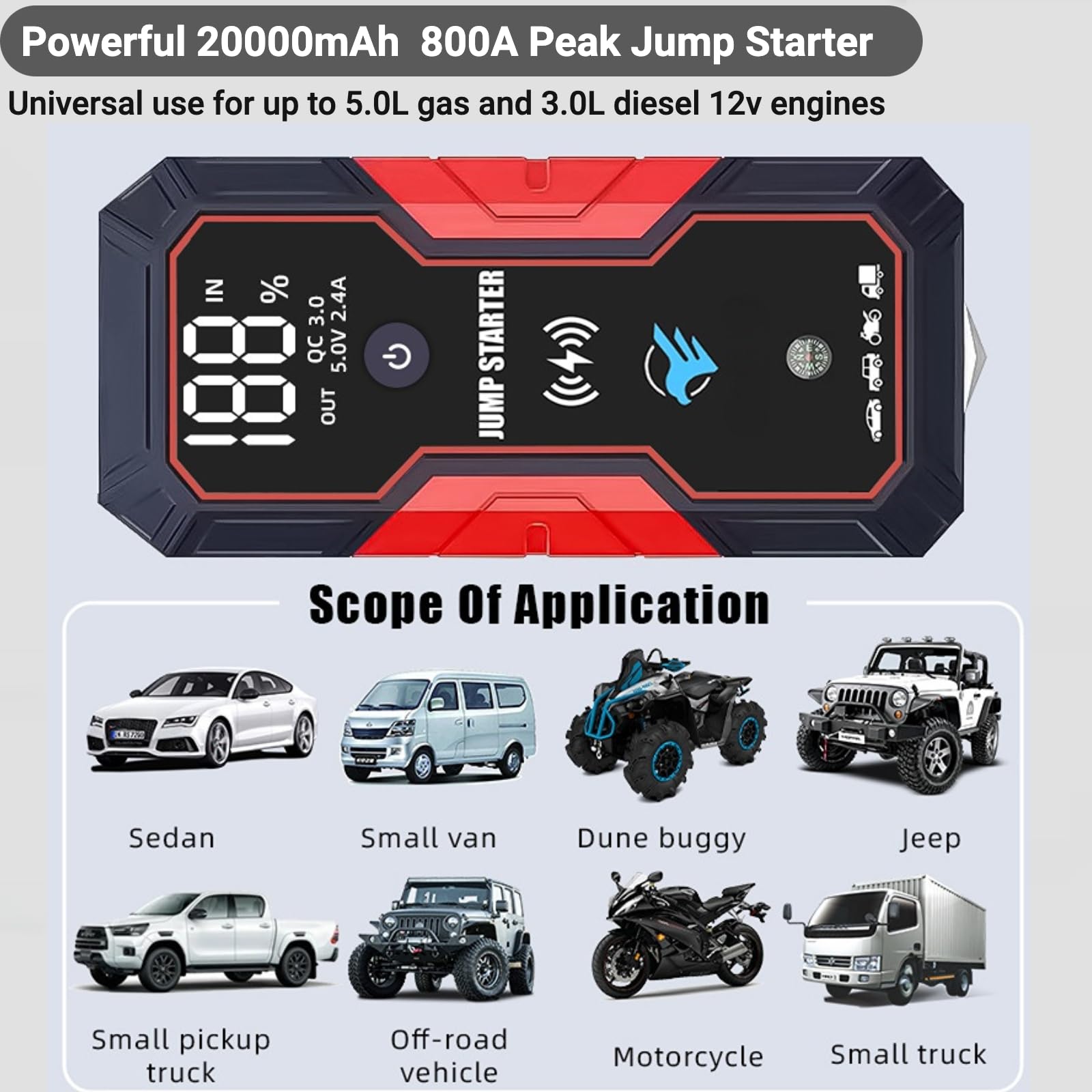 Urządzenie ułatwiające rozruch samochodu, 800 A 20000 mAh, zestaw akumulatorów awaryjnych do silników wysokoprężnych 12 V 3,0 l, silniki benzynowe 5,0 l, skrzynka wspomagająca rozruch akumulatora z 2