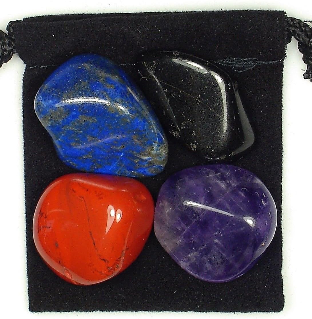EPILEPSY RELIEF - Professionally Selected Tumbled Crystal Healing Set with Pouch & Description Card - Amethyst, Dumortierite, Jasper, and Black Tourmaline Genuine Gemstones