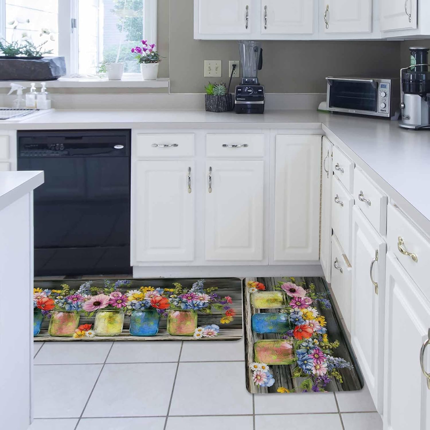 Spring Flowers Kitchen Rugs and Mats Set of 2, Non-Slip Kitchen Sink Mat, Botanical Blooms Floral Painting Art Washable Doormat Bathroom Rugs Runner for Bedroom/Living Room 17.7"x30"+17.7"x59"