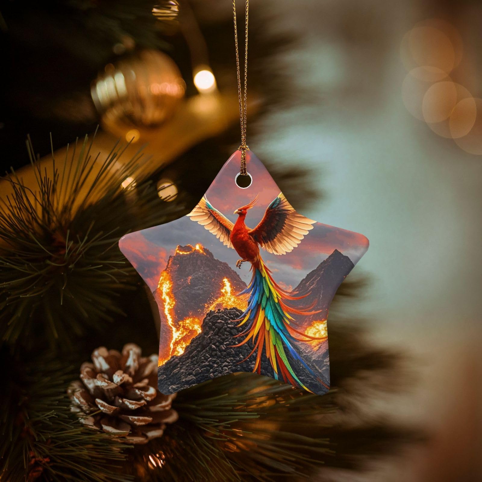 Christmas Ornaments for Christmas Tree Decoration Hanging Phoenix and Fire Ornament with Gold Ribbon Crafts Star Shape Ceramic Pendant for Keepsake Gifts Xmas Decor Party Supplies