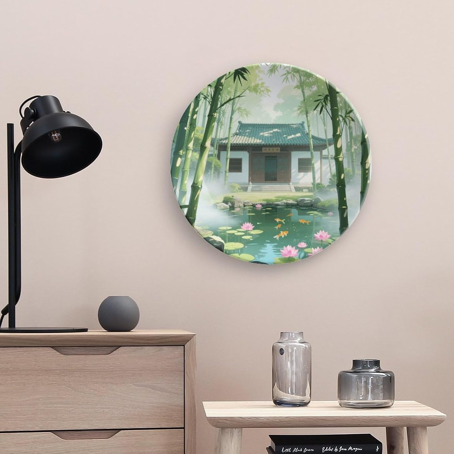 Bone China Decorative Plates Bamboo Forest Temples Ceramic Decorative Plate Wall Decor with Display Stand Ceramic Ornaments for Wall Hanging Decoration