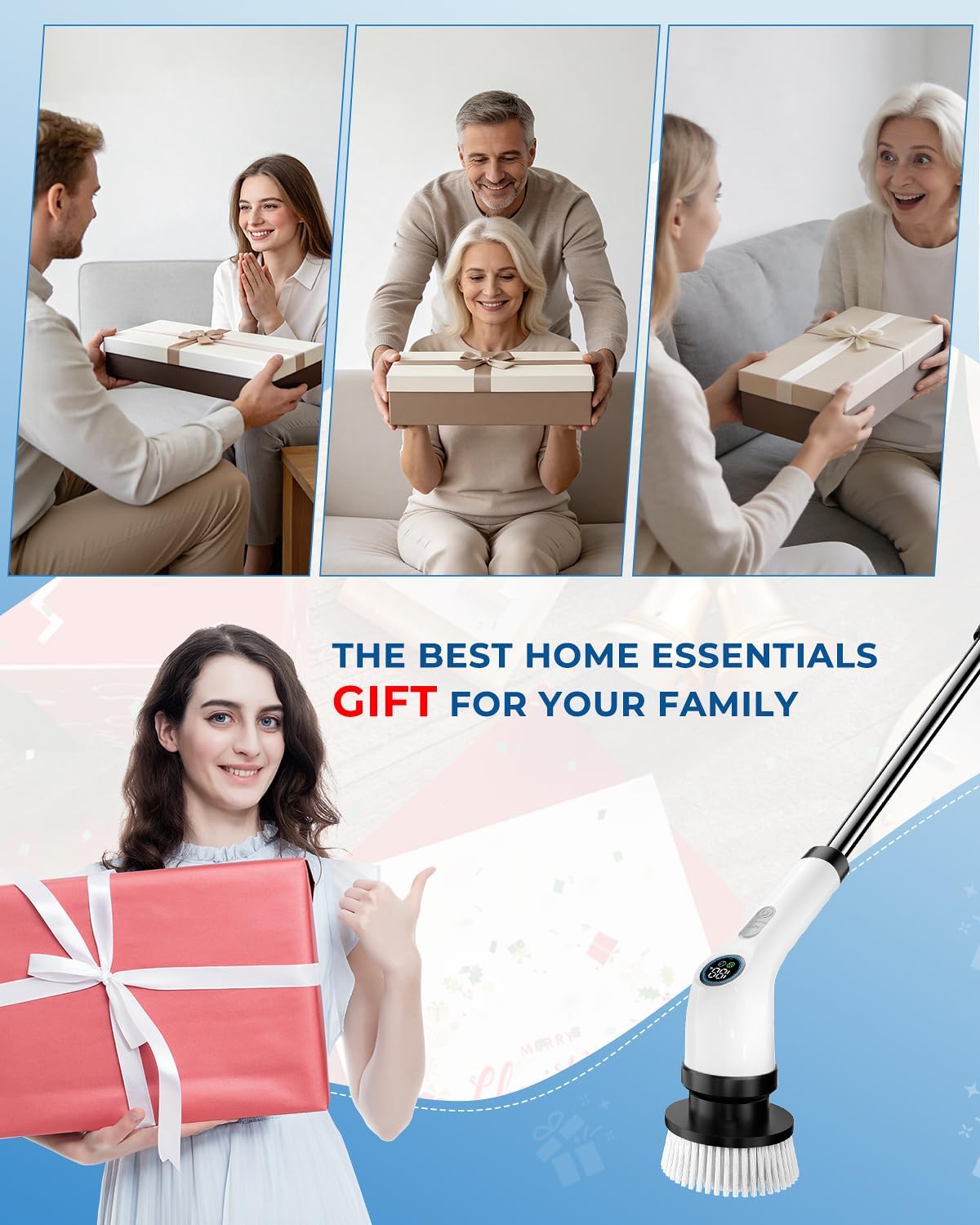 Electric Spin Scrubber, Rechargeable with Upgraded Battery & Extended Runtime, IPX7 Cleaning Brush, 3000mAh Battery 7 Brush Heads 2-Speed Adjustable Long Handle for Bathroom & Tile Floor Cleaning