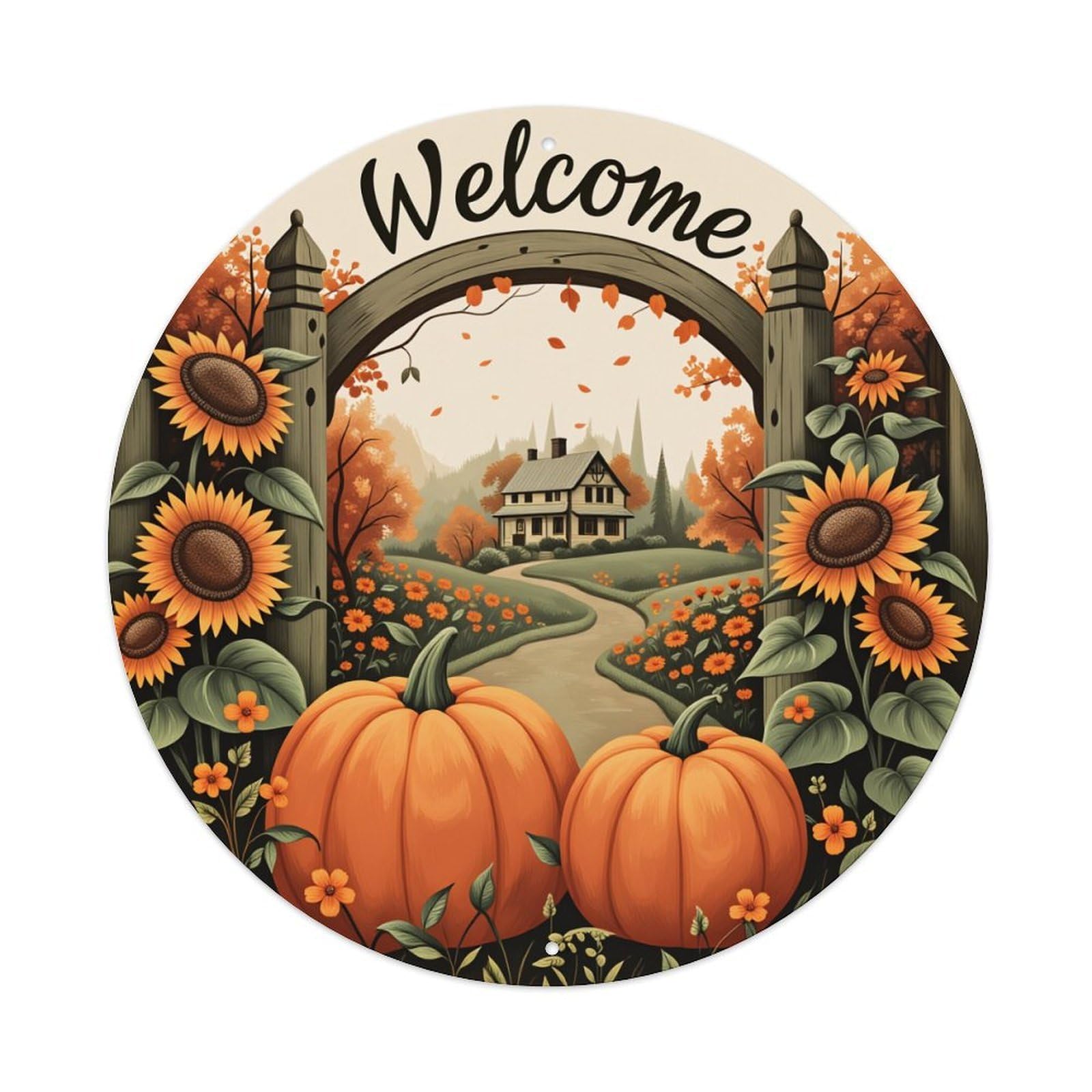 Welcome Autumn Gate Pumpkin Sunflower Round Tin Sign Vintage Metal Poster Retro Bar, Home, Man Cave, Kitchen, Laundry Room Wall Art Decor Gift 8x8In