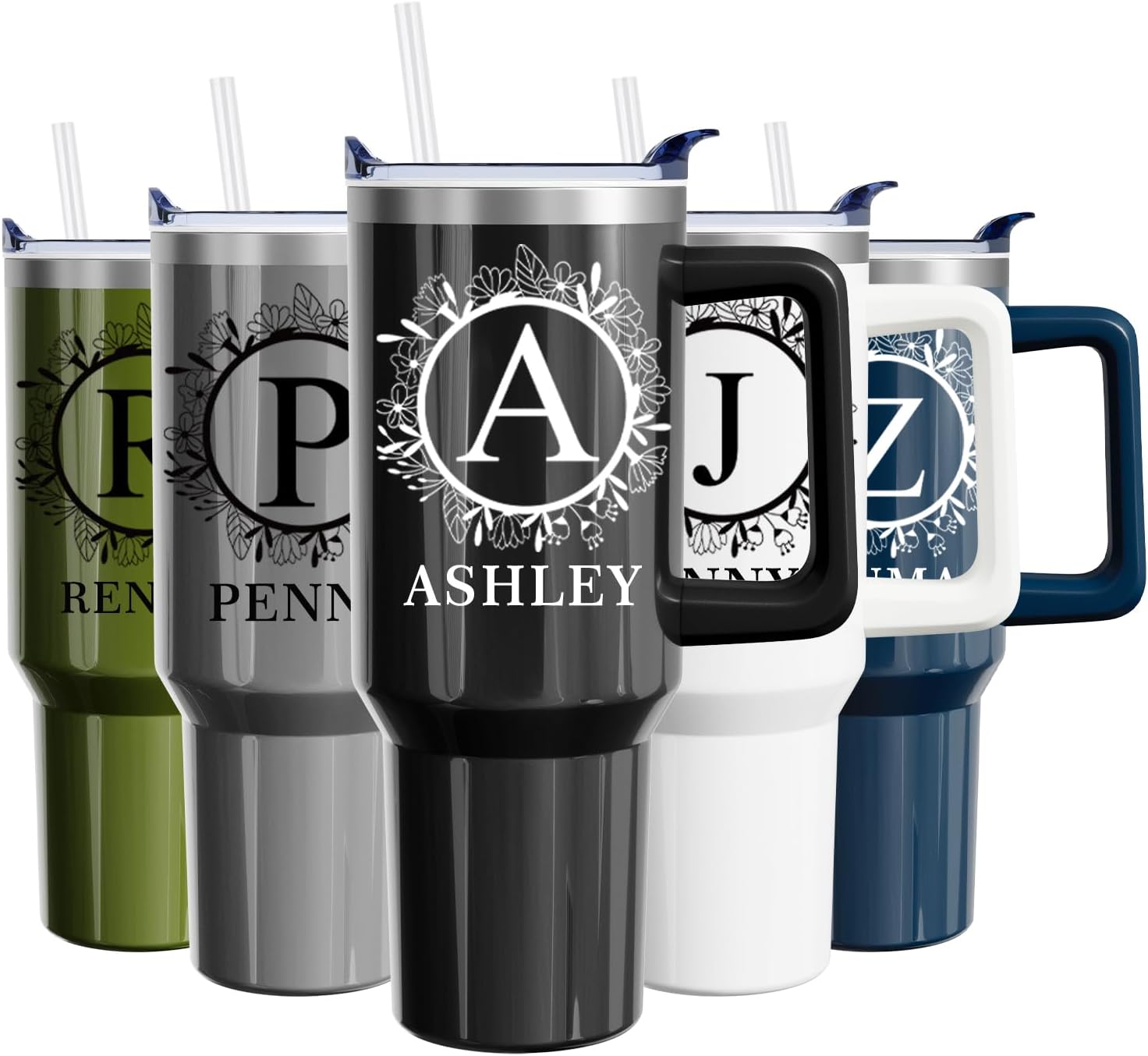 40 Oz Personalized Initial Tumbler with Handle Lid and Straw Custom Letter Stainless Steel Insulated Cups Customized Monogram Name Travel Mug Gifts for Men and Women