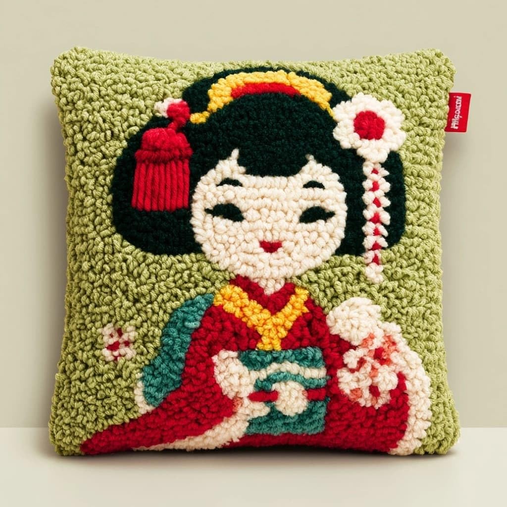 AxiangziK Latch Hook Cushion Kit,Geisha DIY Embroidery Pillow Cover 43X43Cm