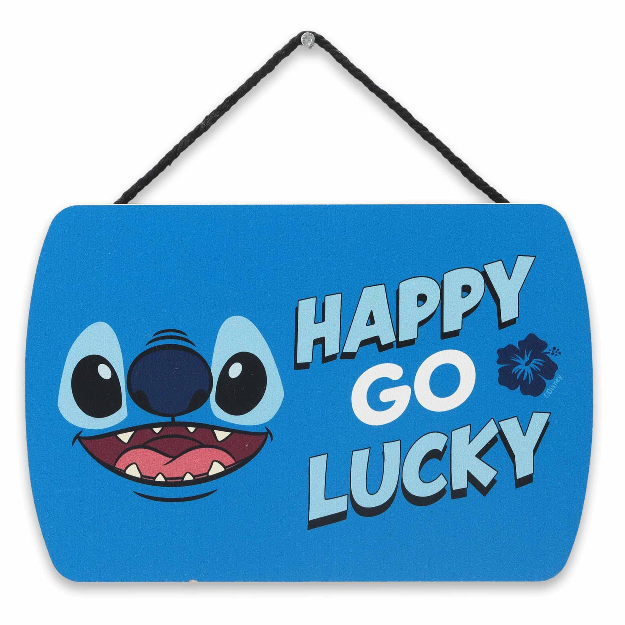 Open Road Brands Disney Lilo and Stitch Happy Go Lucky Hanging Wood Wall Decor - Cute Stitch Sign for Kids' Bedroom or Play Room