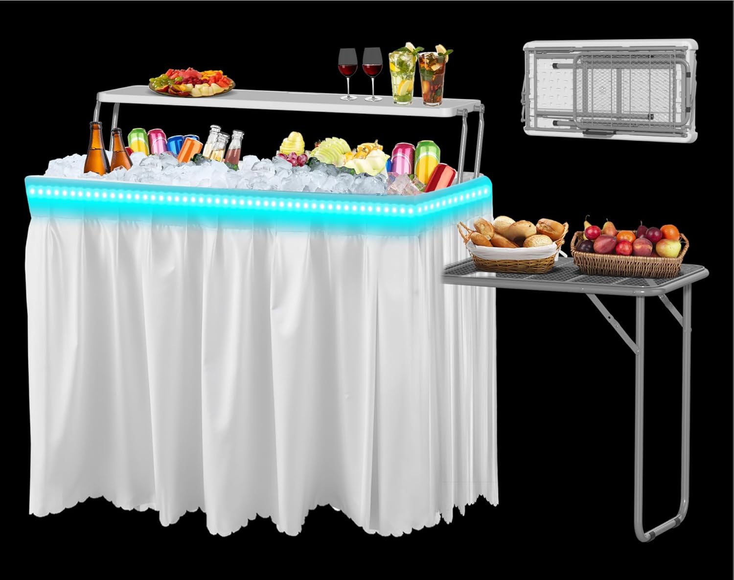 4 Foot Ice Cooler Table, Folding Tailgate Camp Fishing Cleaning with Matching Skirt & Drain Hose, Plastic Ice Table for Party, BBQ, Camping, Picnic, Barbecues to Keep Drinks Cool, White