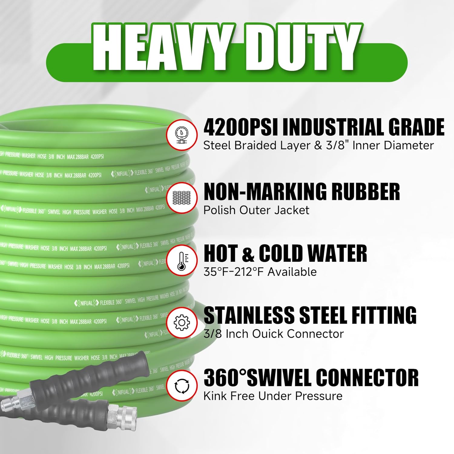 150FT 3/8'' Pressure Washer Hose 4200 PSI, Non Marking, Non Marking Pressure Washer Hose Steel Wire Braided Power Washer Hose for Hot and Cold Water with M22 14mm to 3/8 Inch 360° Swivel Quick Connect