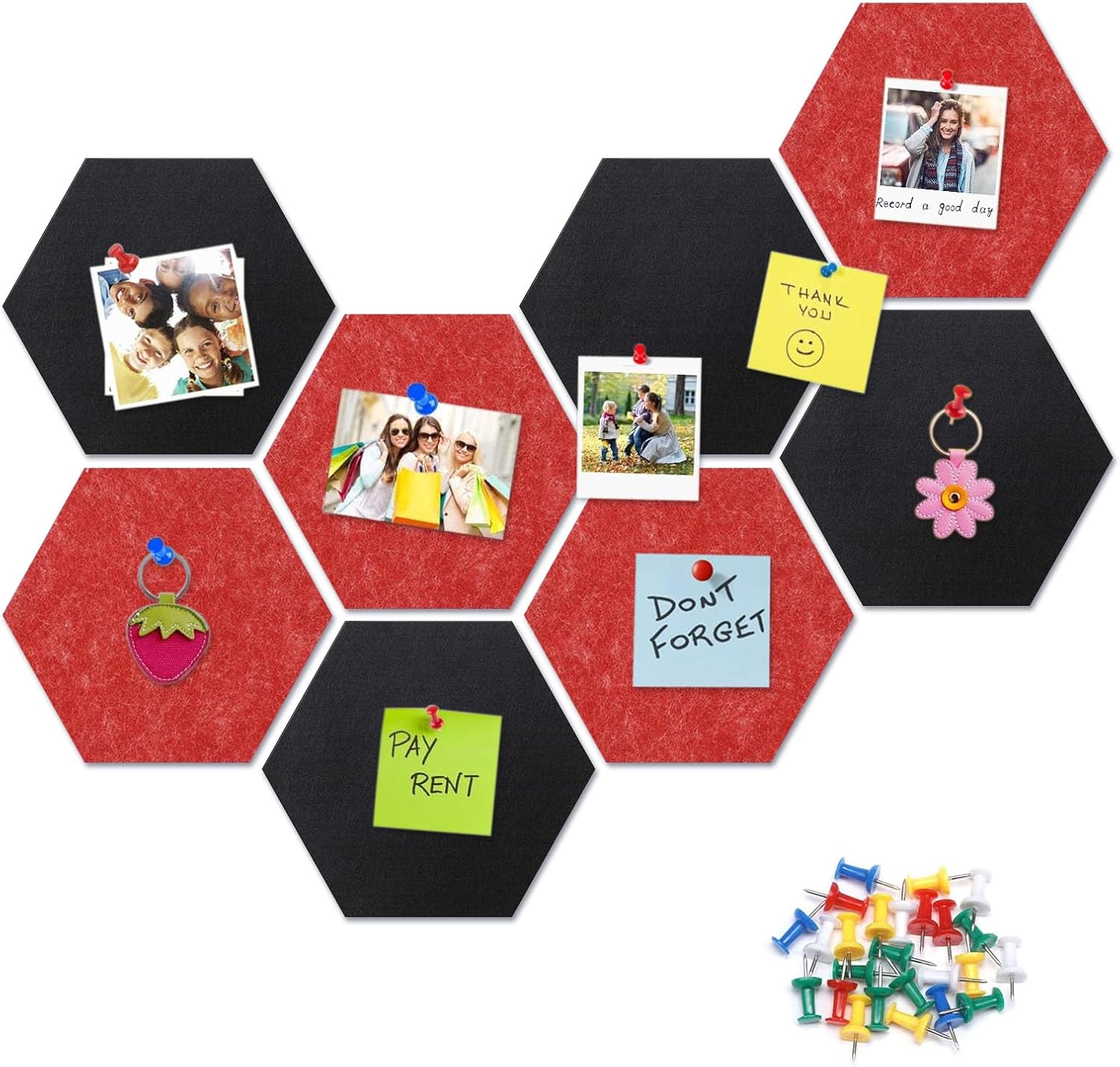 8 Packs Black Red Hexagon Felt Pin Board, 12" Bulletin Board with 30 Push Pins, Felt Board for Home Kitchen Office Decor, Self-Adhesive Corkboard Tiles for Walls Message Photos Memos Display
