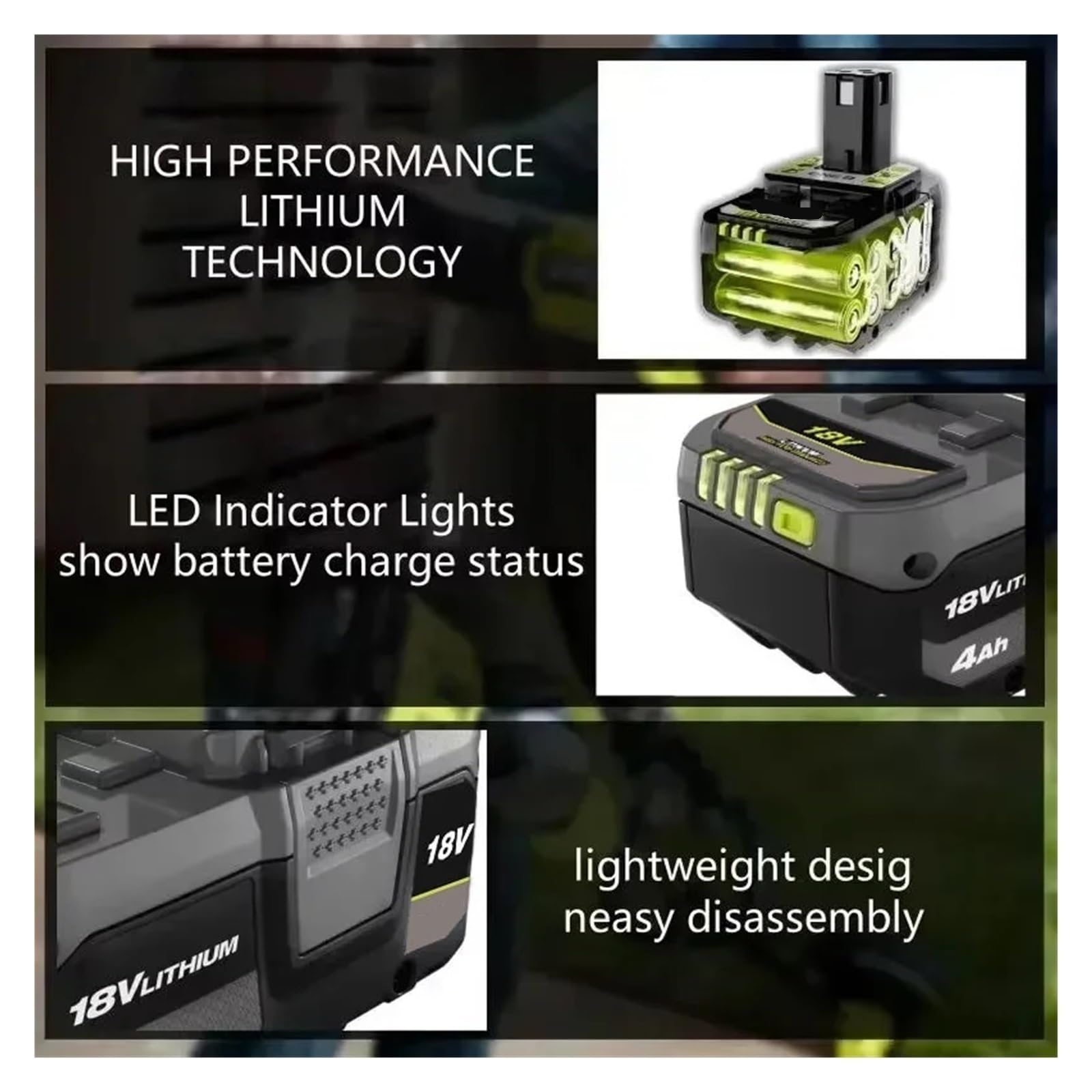 Batería de Litio Compatible con RYOBI de 18 V sin Efecto Memoria, Adecuada for Todas Las Herramientas One+ P104, P107(4Ah Charge)