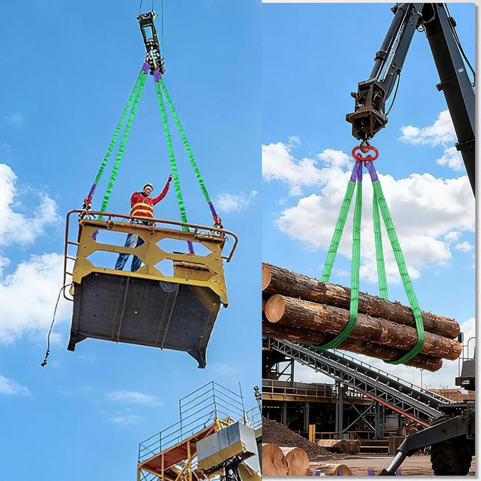 4-Strang-Hebeschlingen-Set mit Haken – 5 t Tragkraft – Robuste Polyester-Gurtbandschlingen mit Ringen – Anschlagmittel für Baustellen und Gütertransport(6.56ft/2m)