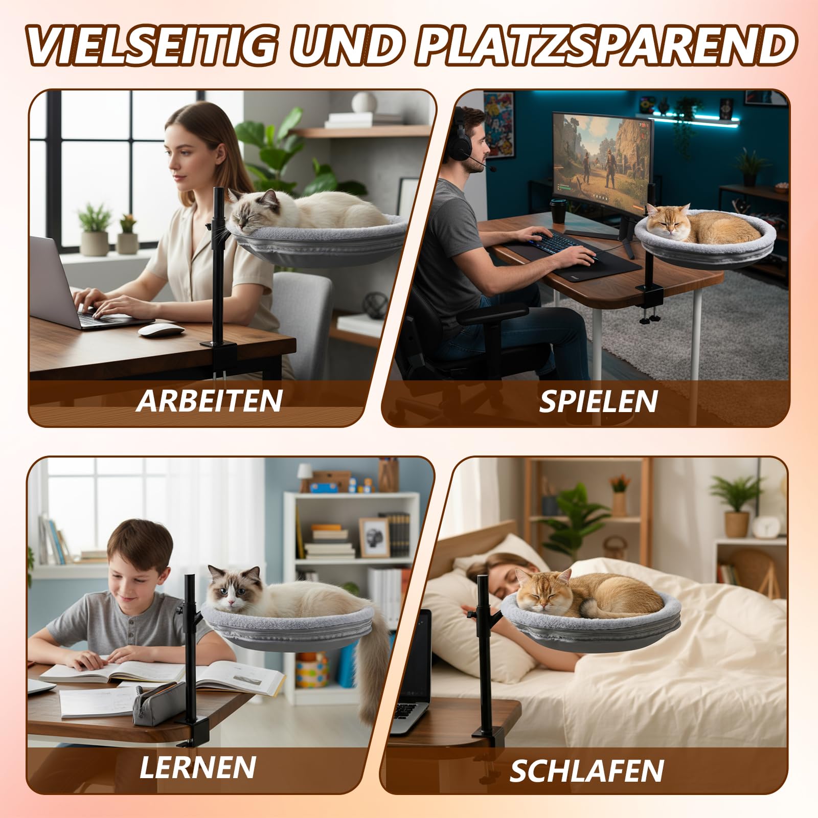 Katzenbett Schreibtisch, 360° drehbar & Höhenverstellbar, Max 33lb | Katzenkorb Schreibtisch mit 2 waschbaren Bezügen, Katzen Hängematte für Home, Office, Büroschreibtische, Spieltische-Grau