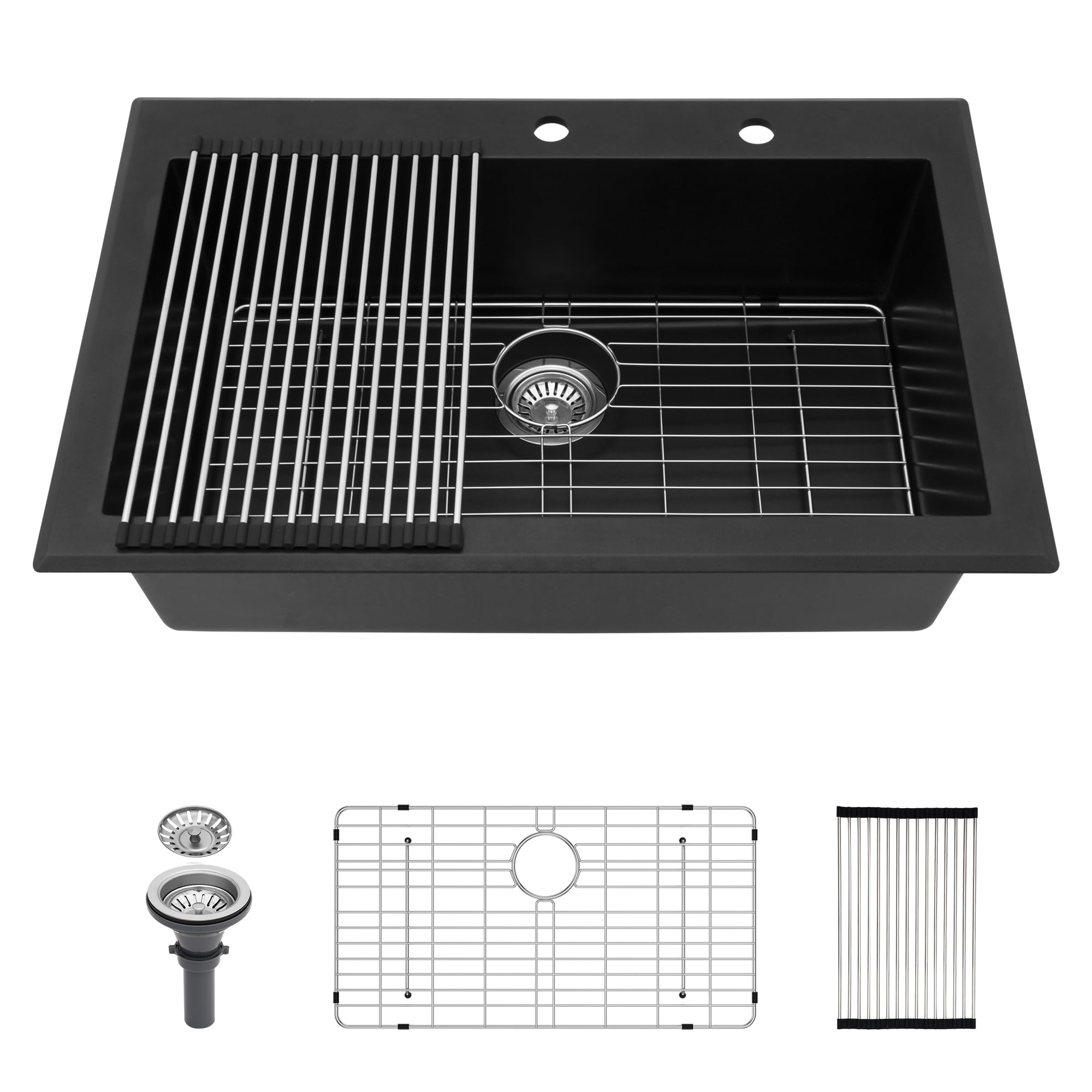 GOWE Quartz Kitchen Sink - 33x22 Black Granite Composite Drop in Kitchen Sink