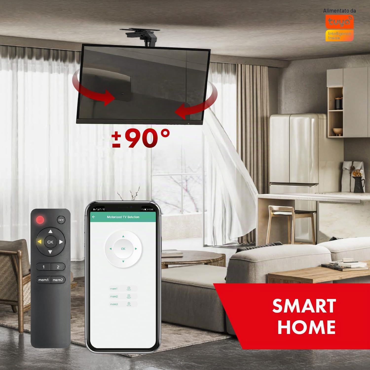 Maclean MC‑109 T - Supporto da soffitto elettrico per TV 43-86″ fino a 45 kg VESA 800×400 pilotaggio Tuya telecomando inclinazione – 75° rotazione ±90° anti ostruzione nero