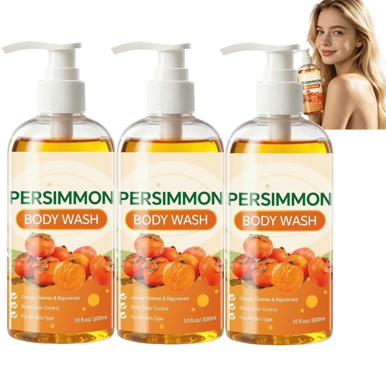 Persimmon Body Wash-Japanese Persimmon Dezodoryzujący Body Wash dla silnego zapachu Körper i zapachu starzenia, naturalny przeciwutleniacz rozjaśniający żel pod prysznic, poprawia szorstką (3szt)