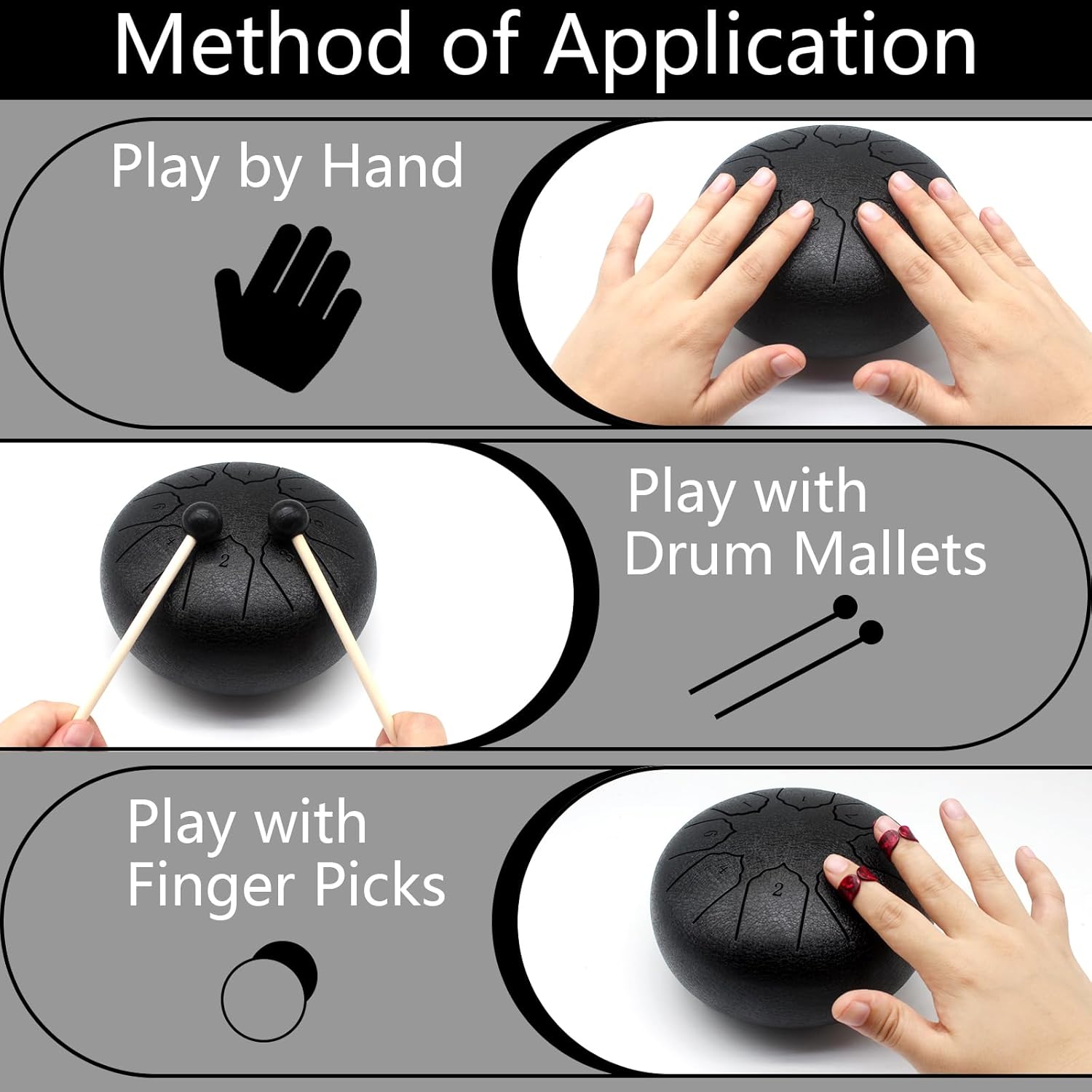 Anvin Steel Tongue Drum 6 Inch 8 Notes Metal Hand Drum with Drum Mallets Music Book Rain Drum Sound Healing Instruments for Meditation Yoga Zen Entertainment Gifts(Black)