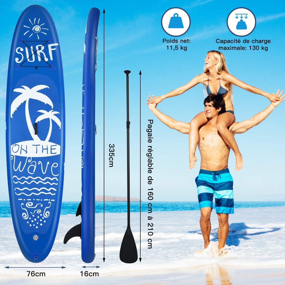 GYMAX Paddle Gonflable Adulte, Charge Maximale 130 kg, Stand Up Paddle Gonflable avec Ailerons, 297x76x16 CM, Board Gonflable en PVC avec Sac de Transport et Pagaie Réglable 160-210 CM