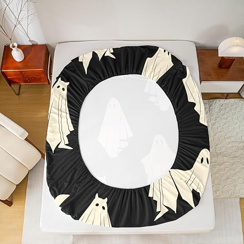 Miniatura 6 de Sábana bajera ajustable negra con temática de Halloween tamaño Queen, funda de cama suave con estampado de fantasmas de Halloween para niños (1