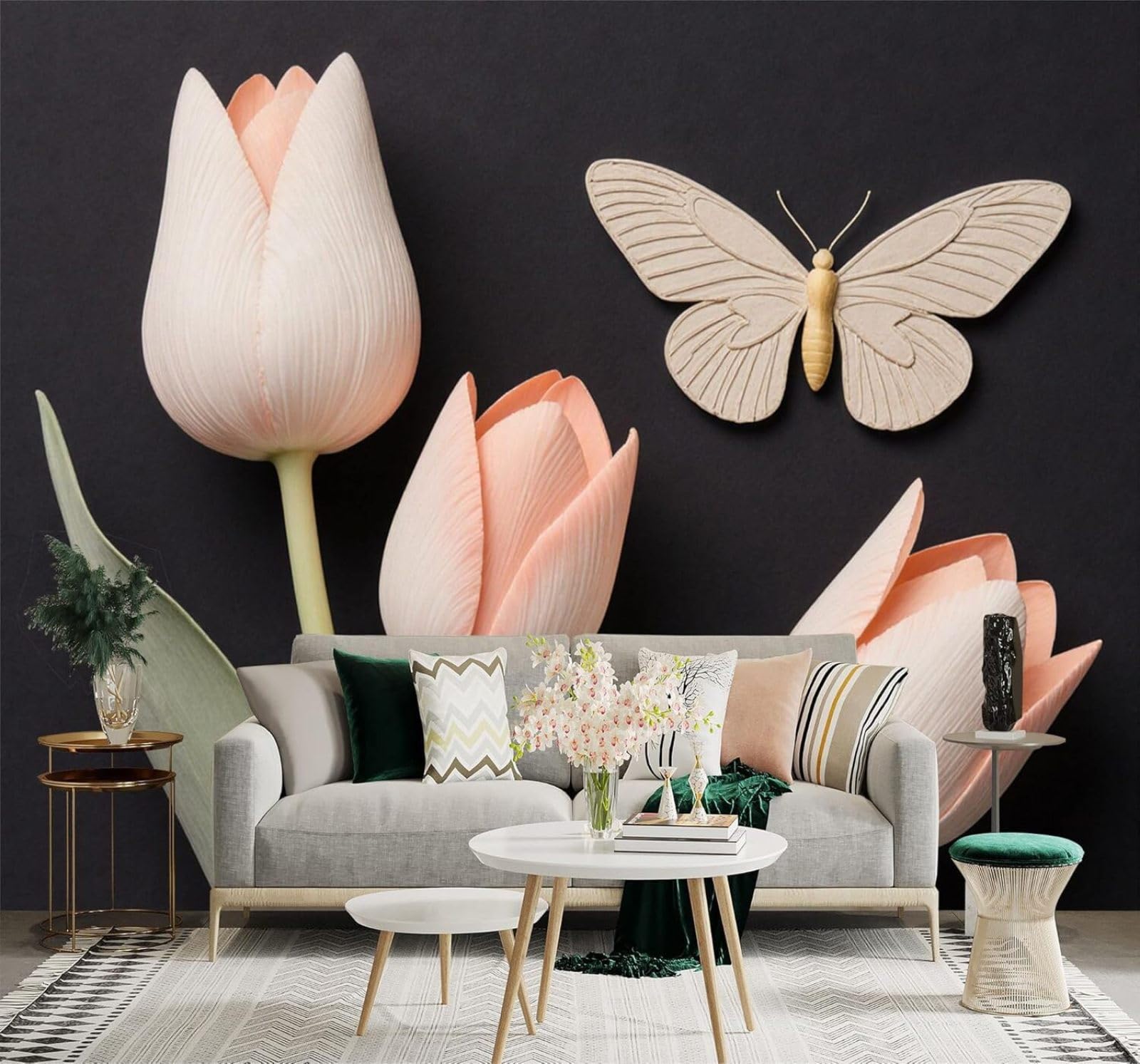 XLMING Minimalist Beige Butterfly Pink Tulip Green Leaves Dark Background 3D Wallpaper Premium Textured Silk Study Dining Living Room Bedroom Sofa TV Wall Easy Install-250cm×170cm