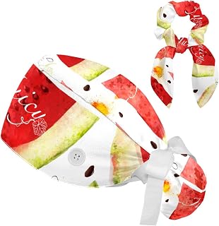 FVQL 2 Pieces Surgical Cap for Long Hair Scrub Cap with Hairband Nurse Cap, Summer Pattern Watermelon Fruit